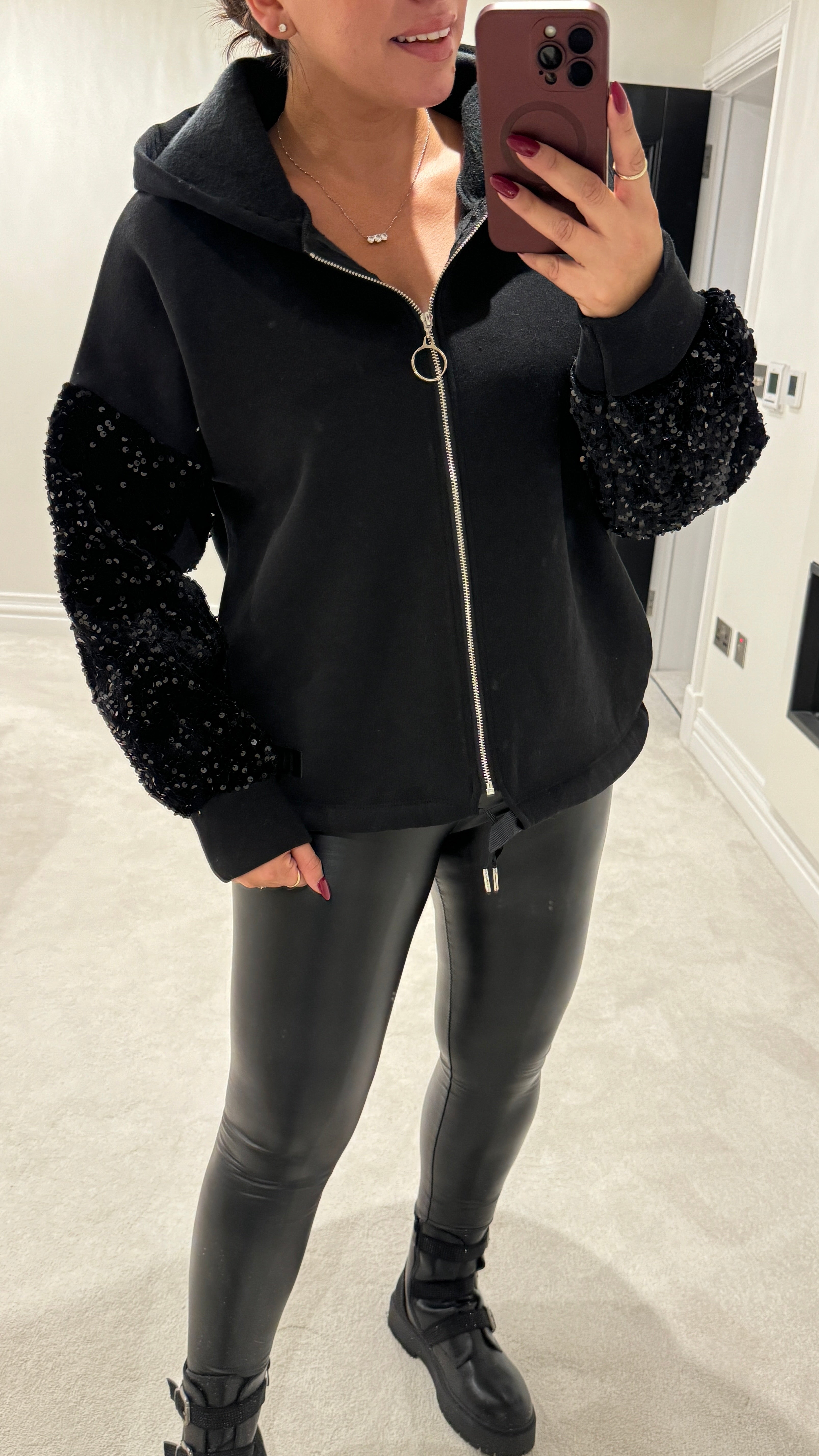 Vicki Sequin Sleeve Detailed Zip Jacket