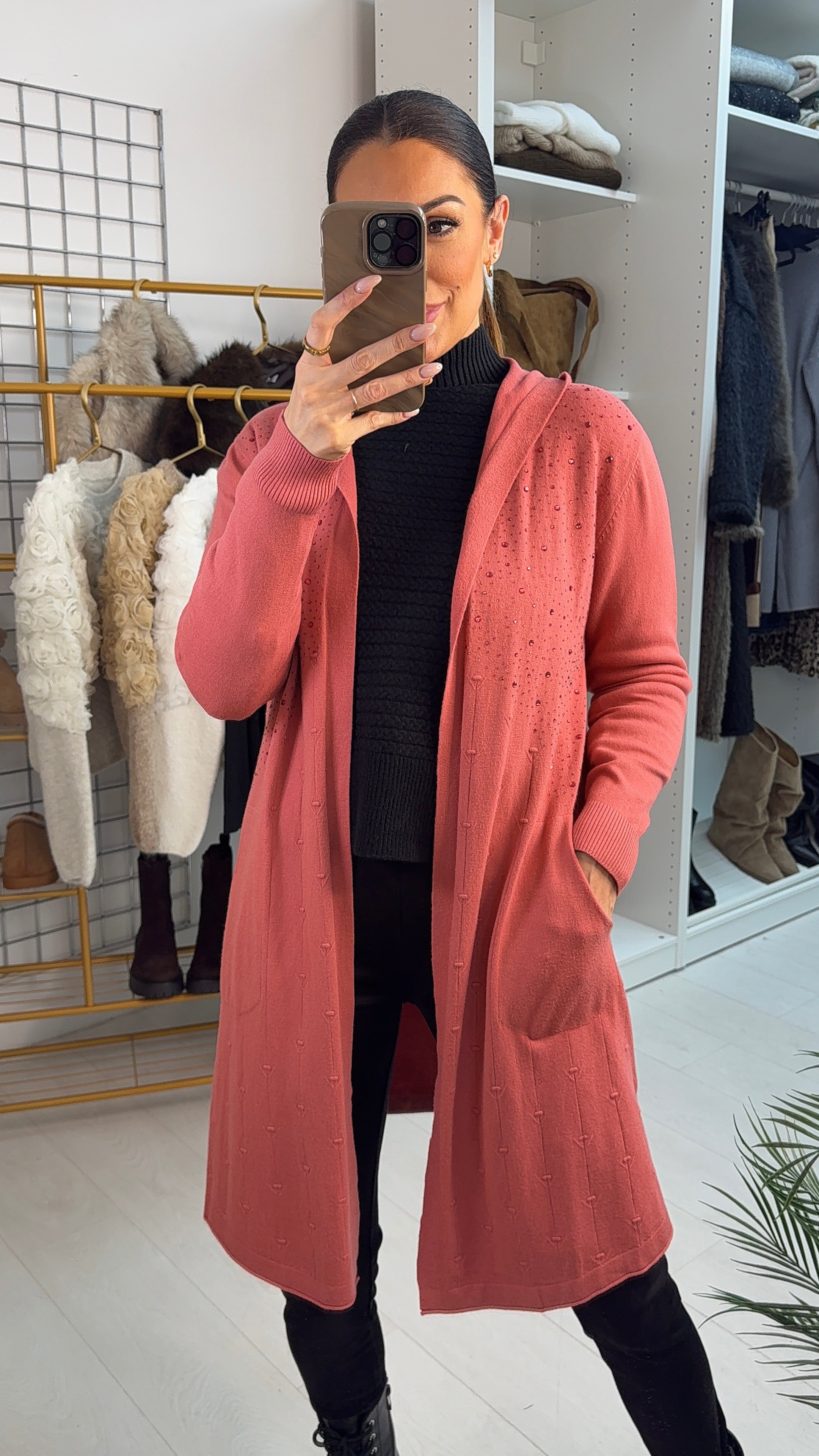 Vicky Plain Diamante Detail Open Front Longline Cardigan