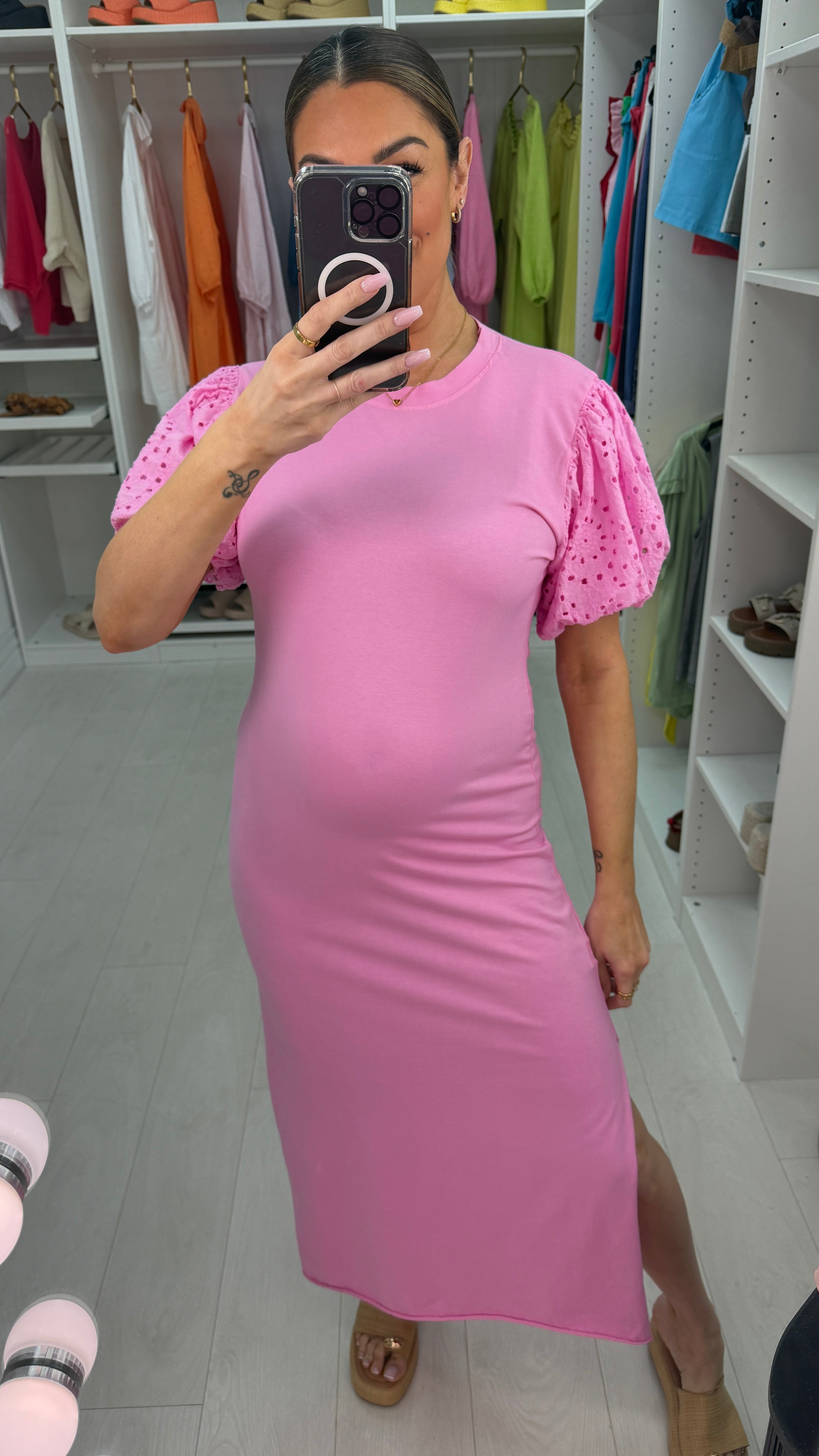 Lucie Plain Broderie Ballon Sleeve Dress