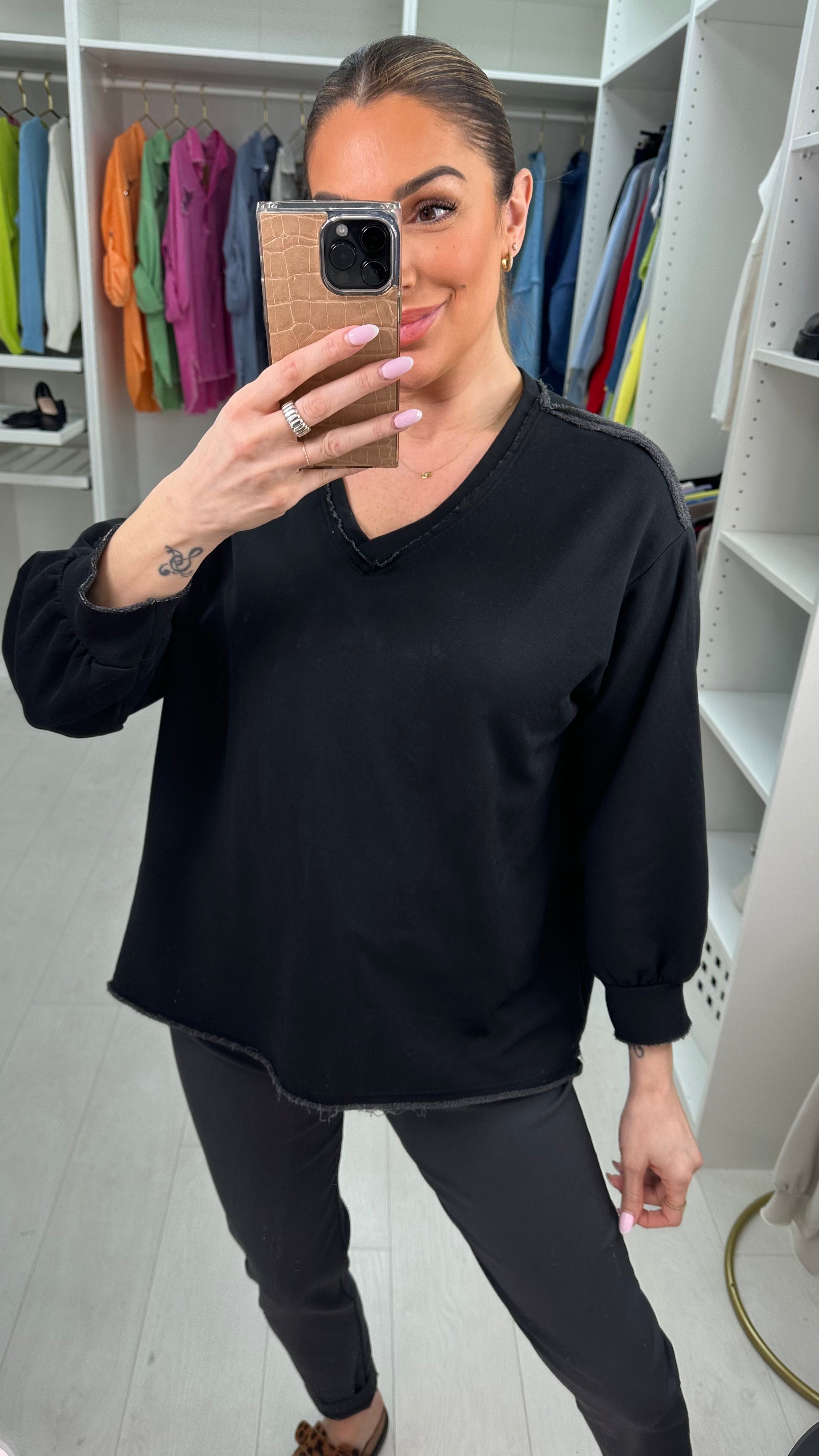 Mavis Plain V Neck Distressed Sweatshirt