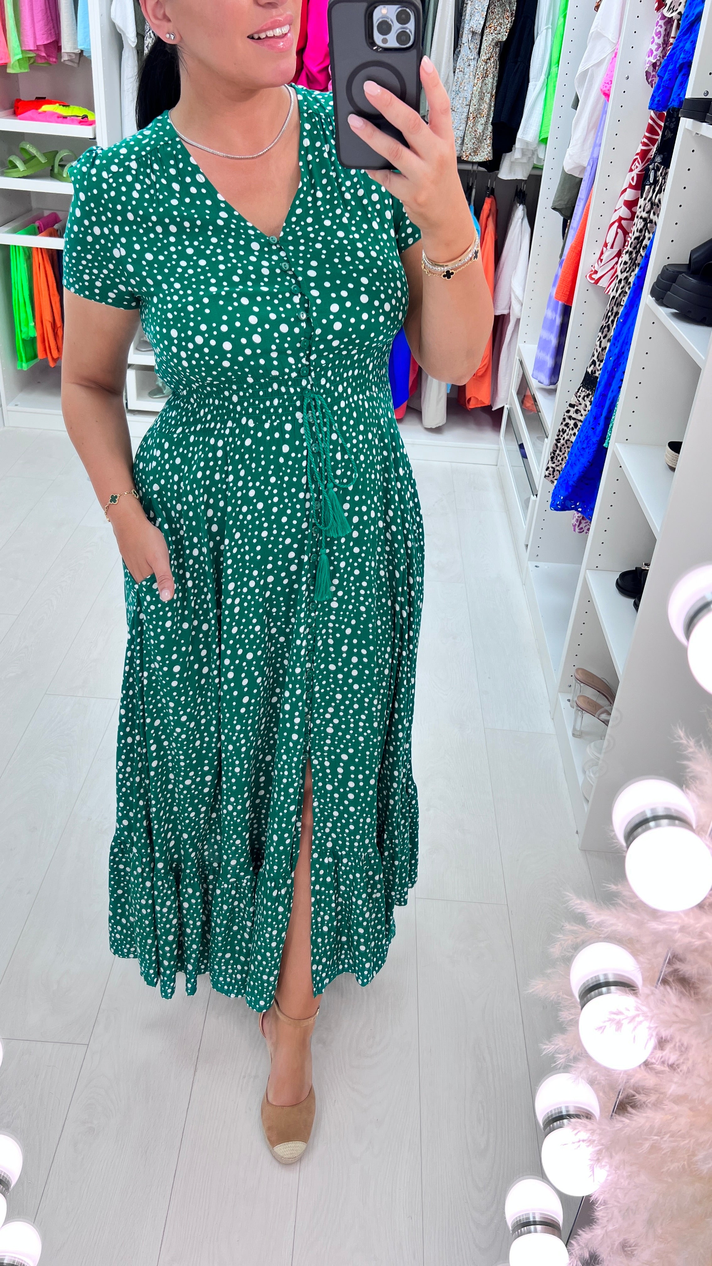 Ajda Emerald Polka Print Frill Hem Maxi Dress