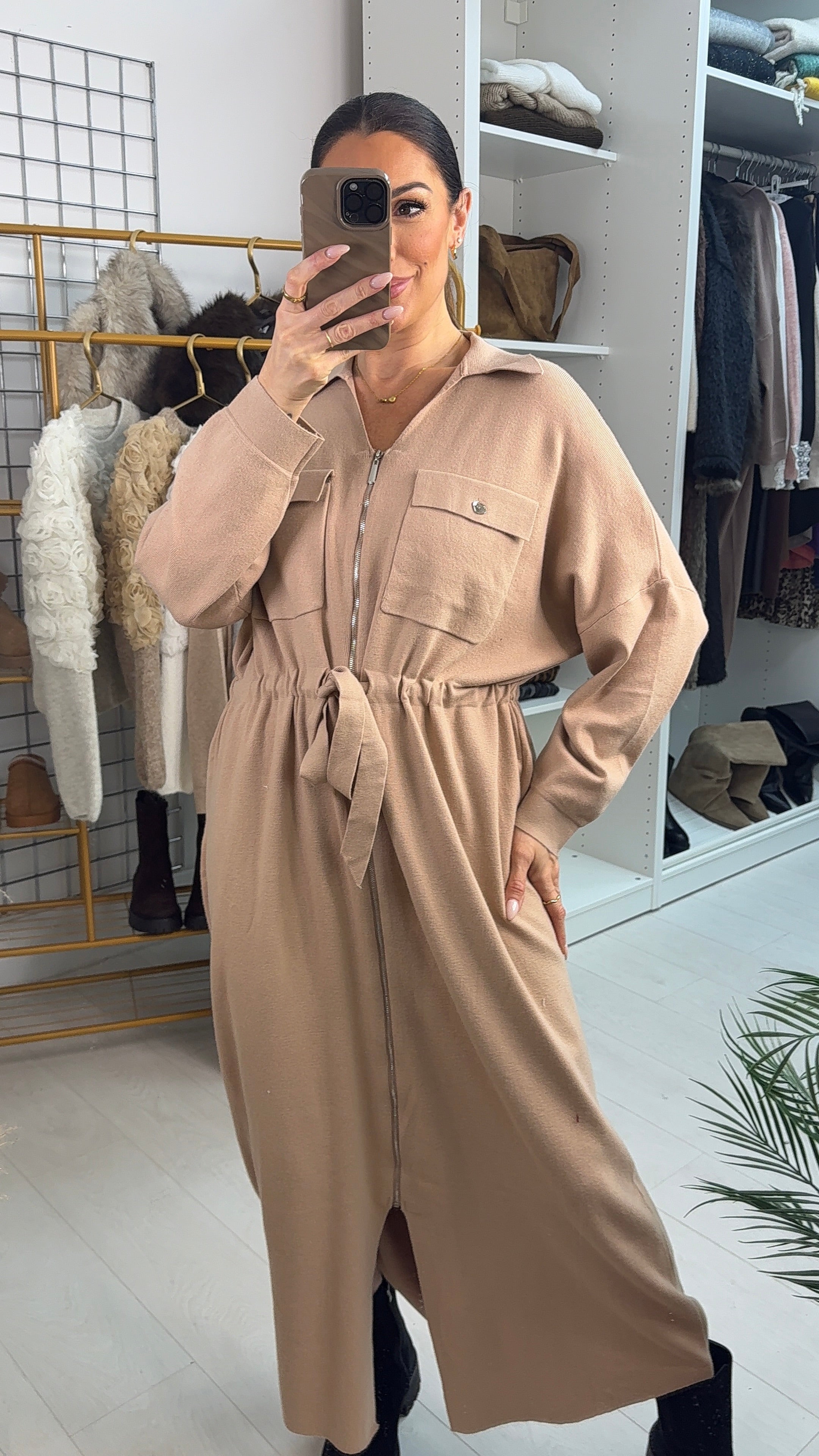 Laurin Plain Zip Front Tie Waist Maxi Jumper Dress