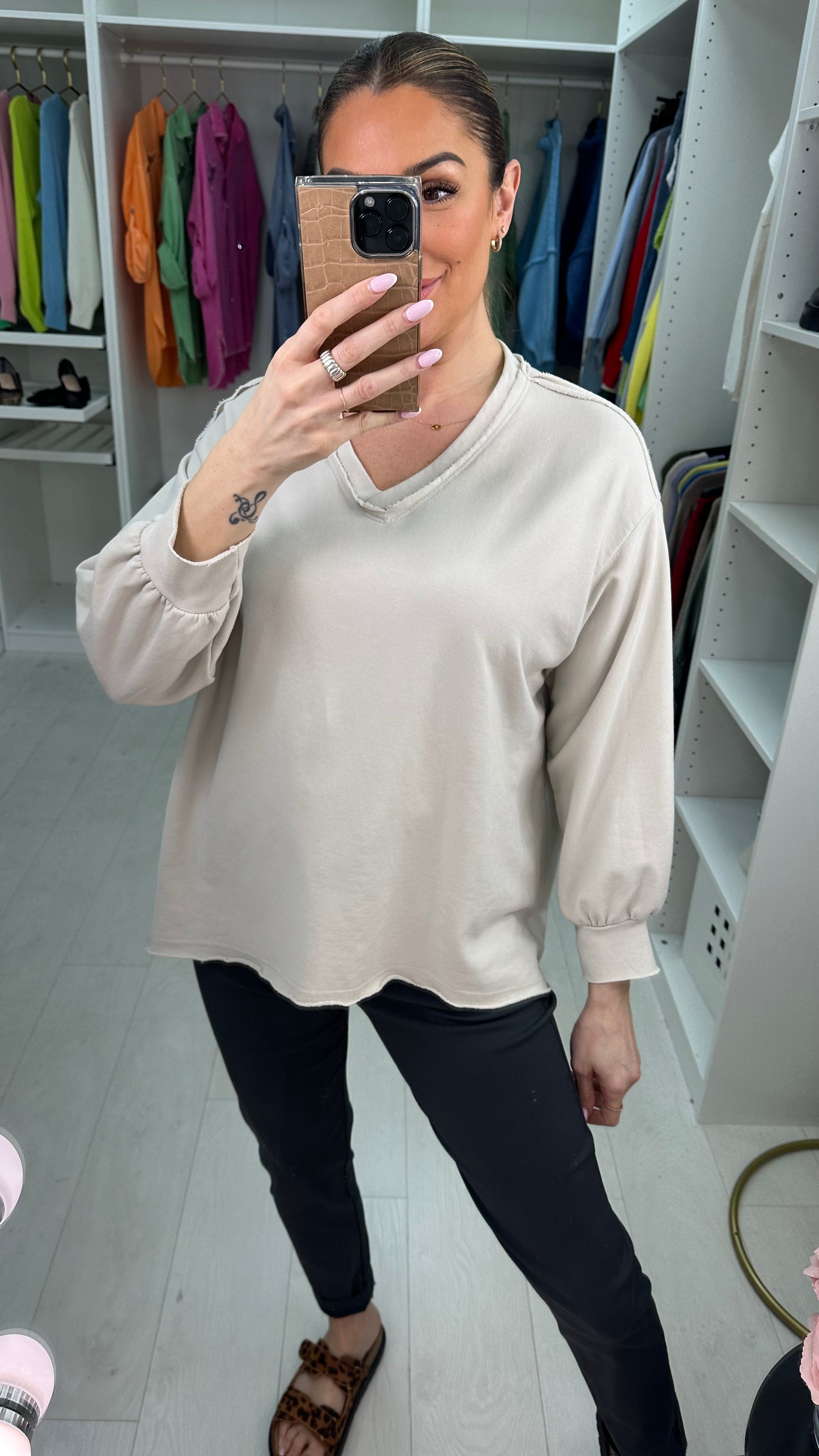 Mavis Plain V Neck Distressed Sweatshirt