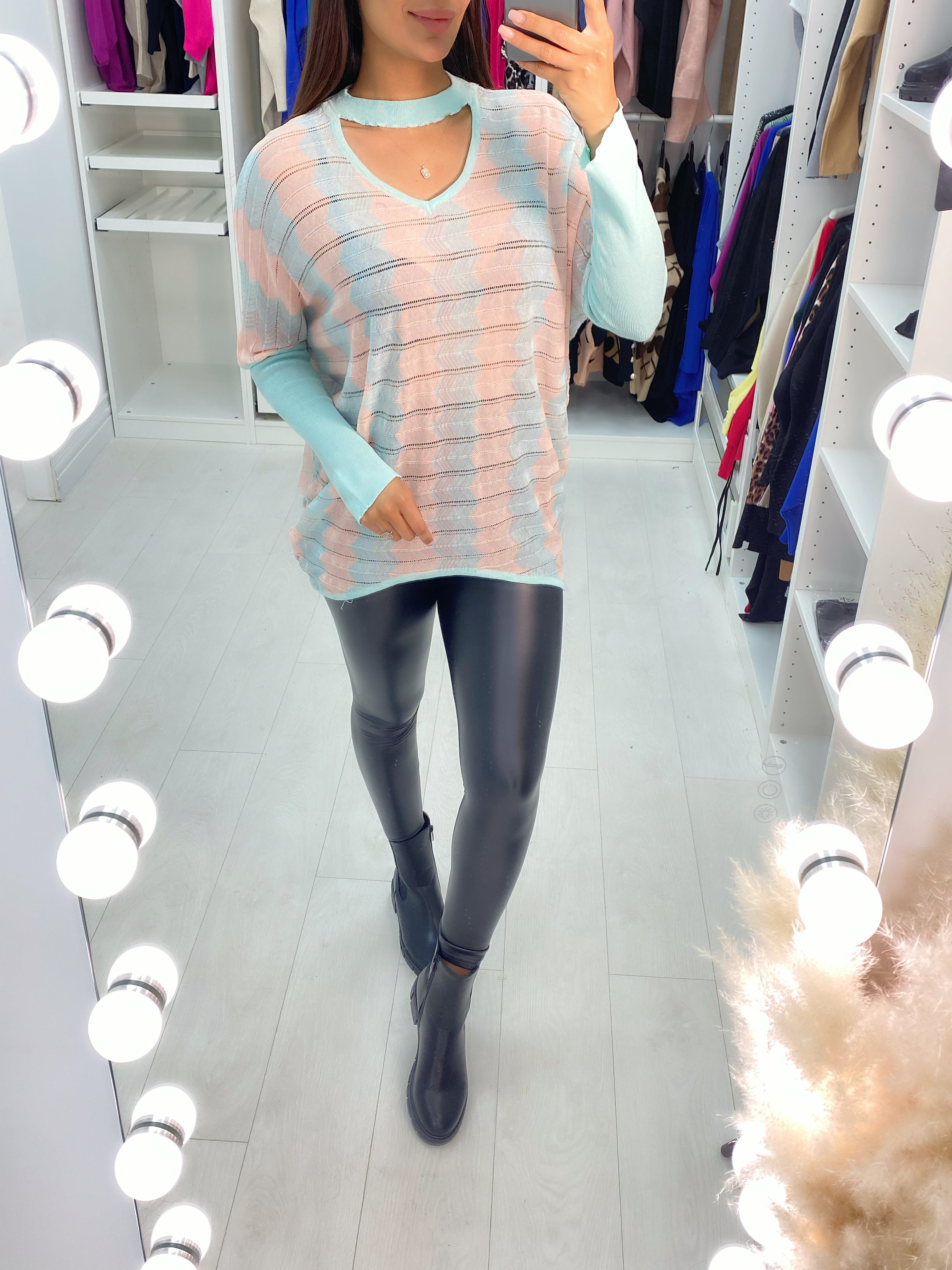 Eline Diagonal Zig Zag Sheer Choker Neck Top