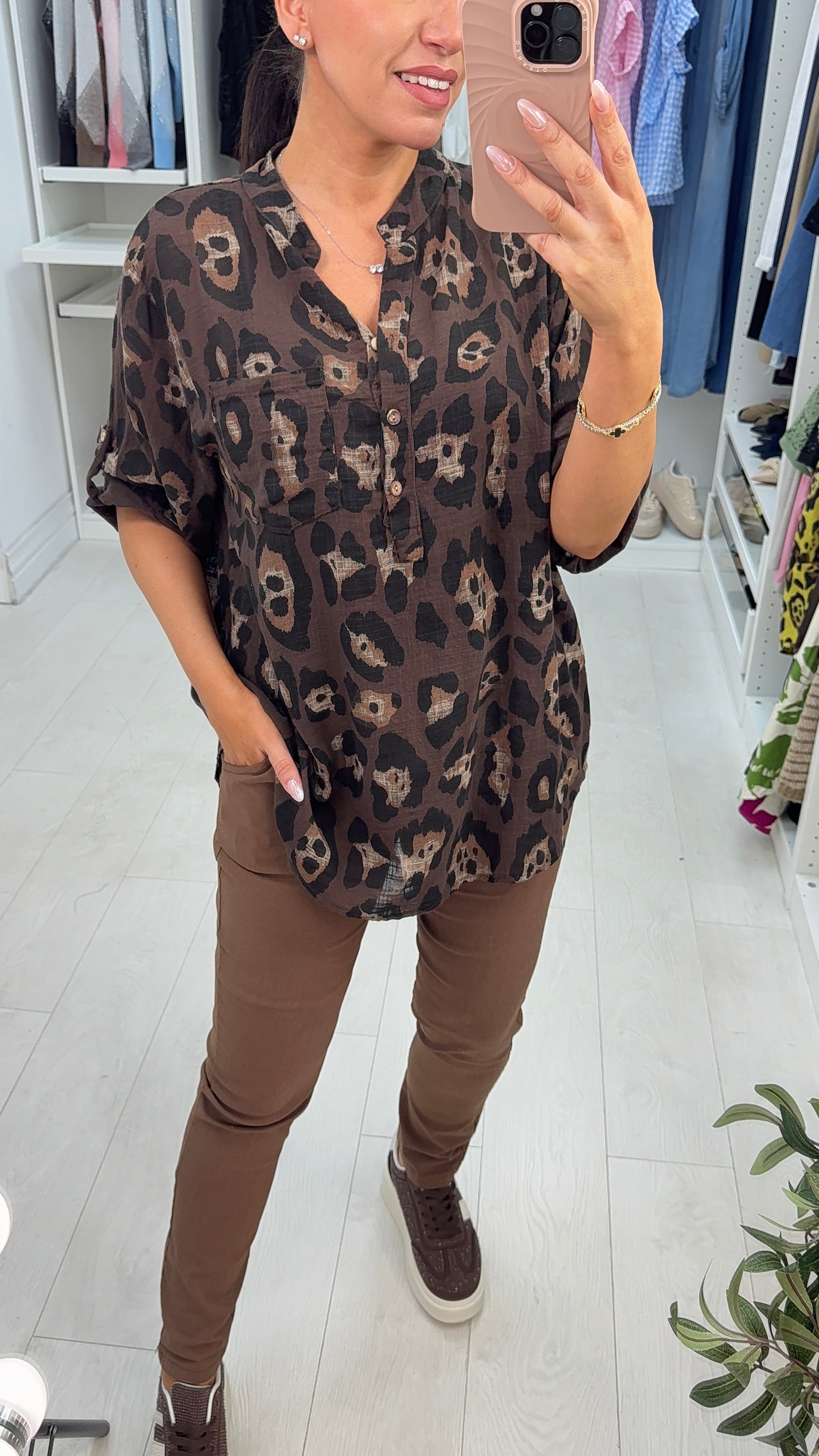 Albertina Leopard Print Dipped Hem Loose Fit Top