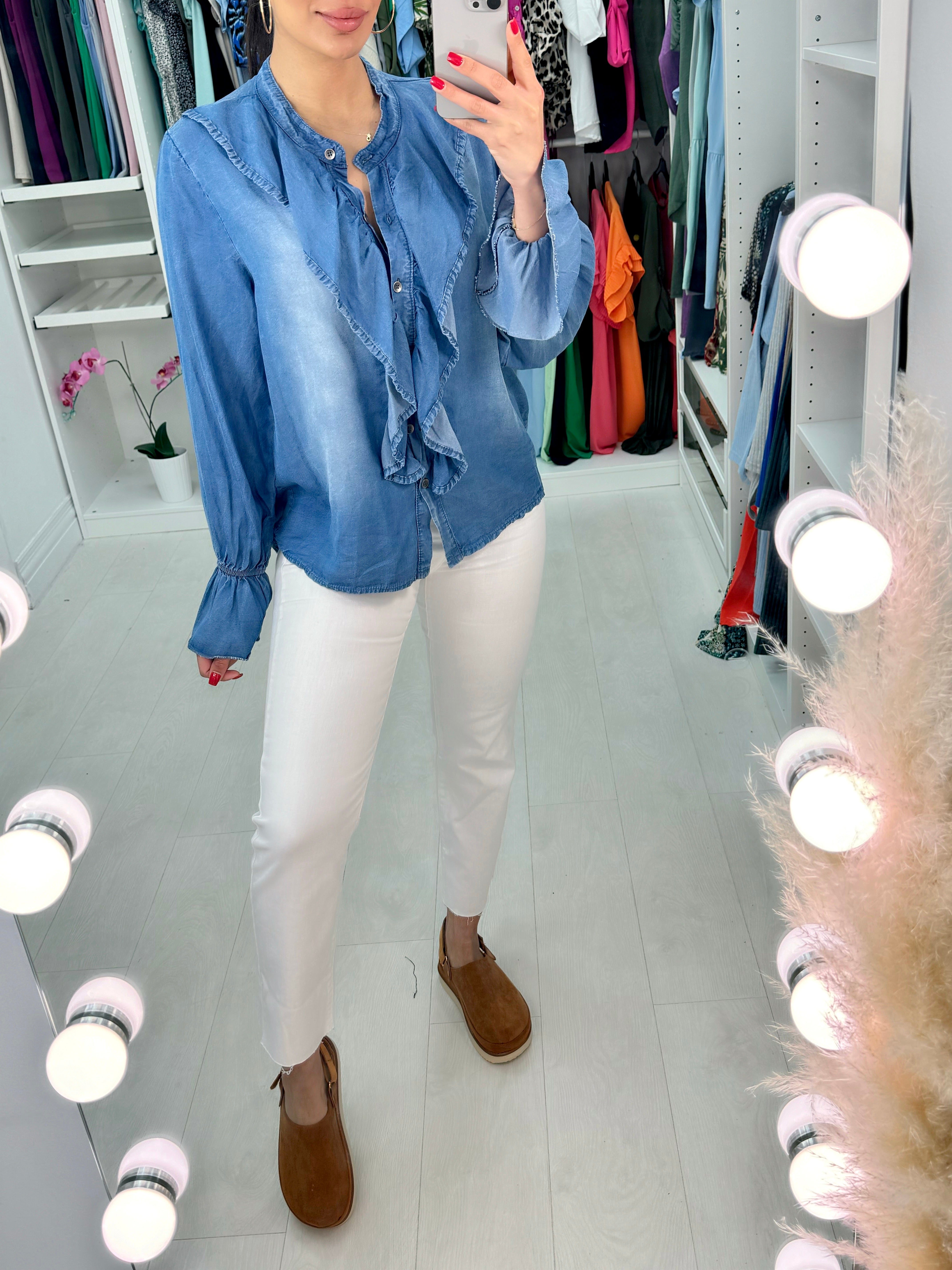 Dinah Denim Front Frill And Sleeve Shirt