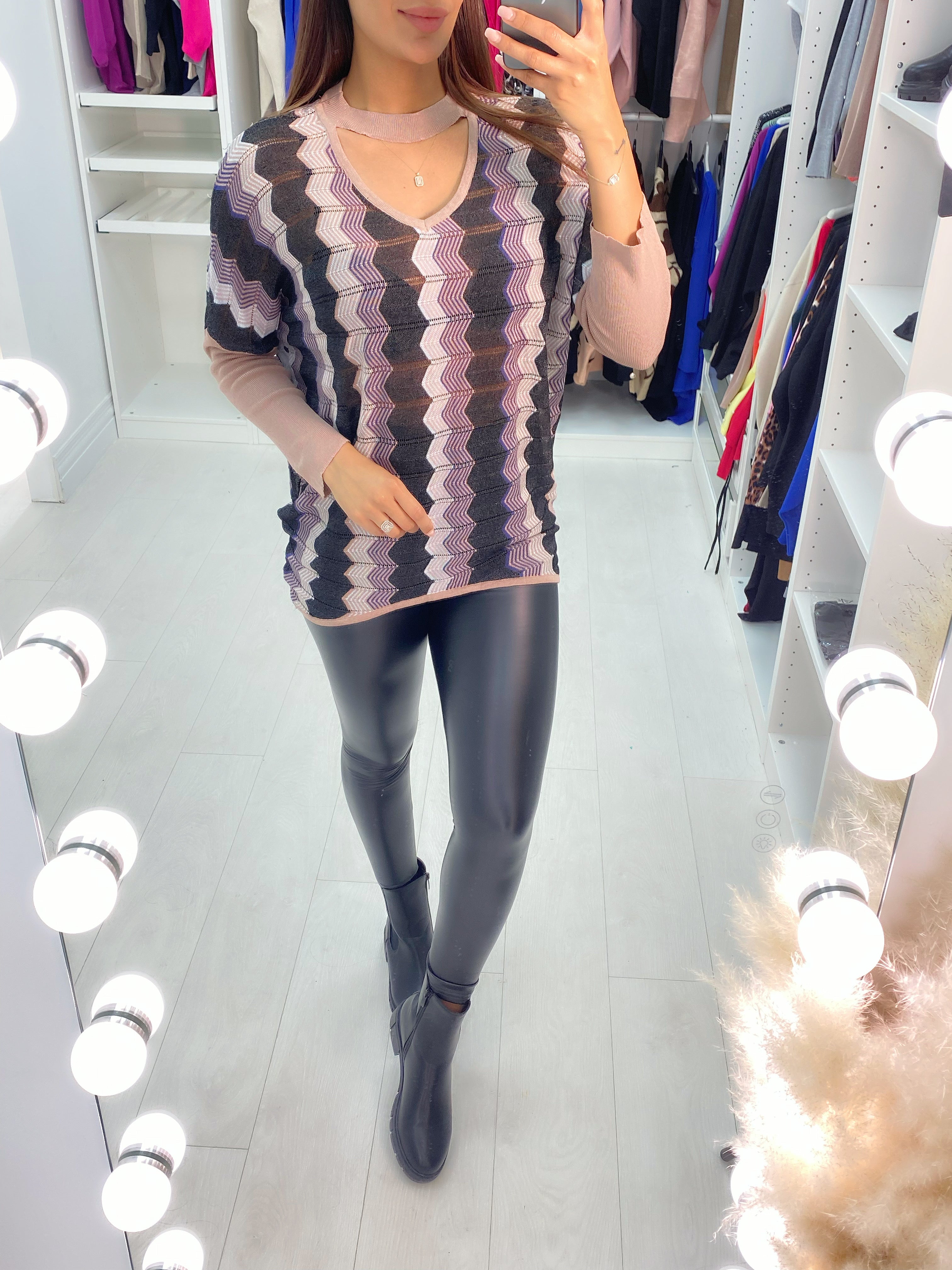 Eline Diagonal Zig Zag Sheer Choker Neck Top