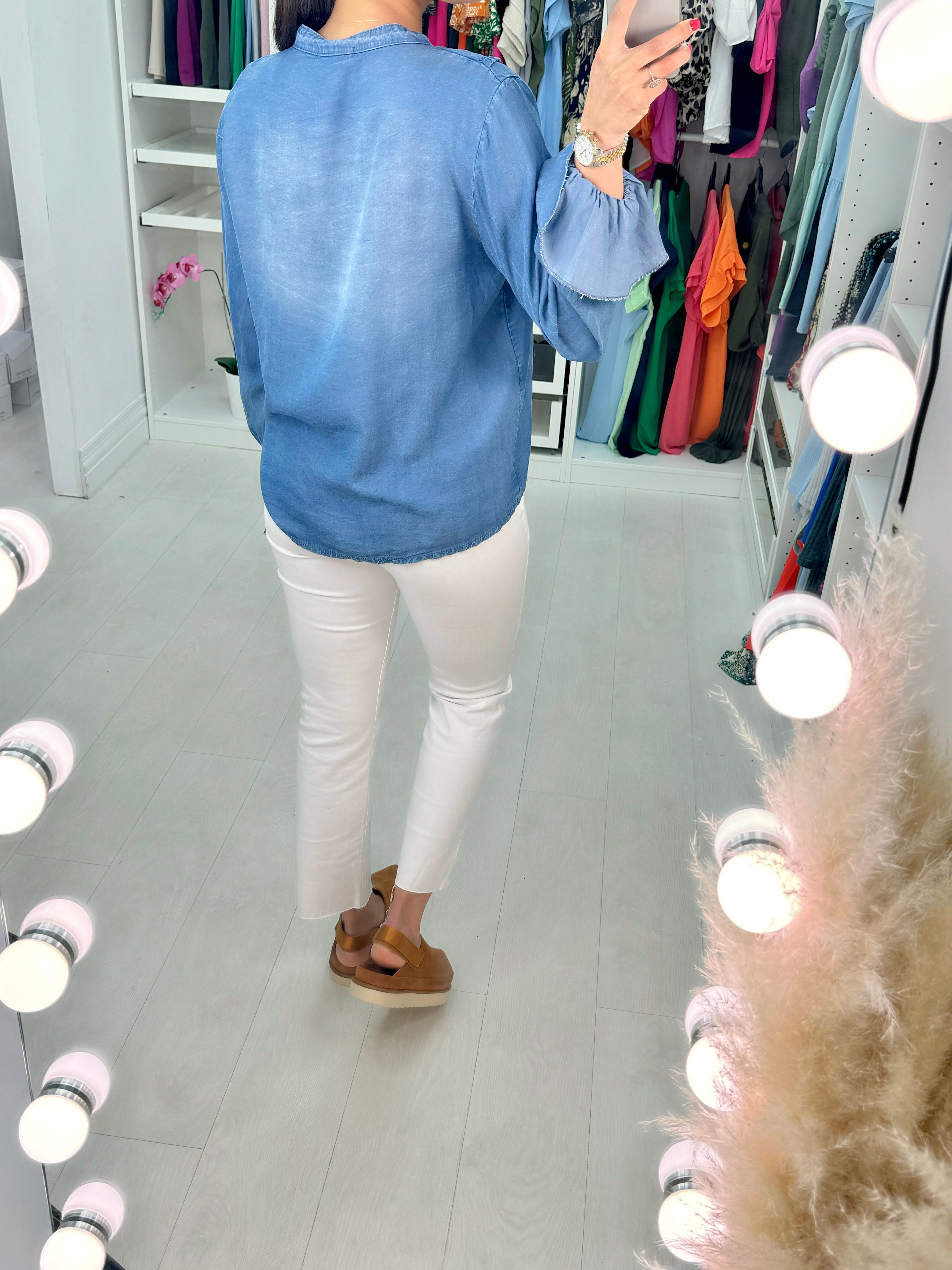 Dinah Denim Front Frill And Sleeve Shirt