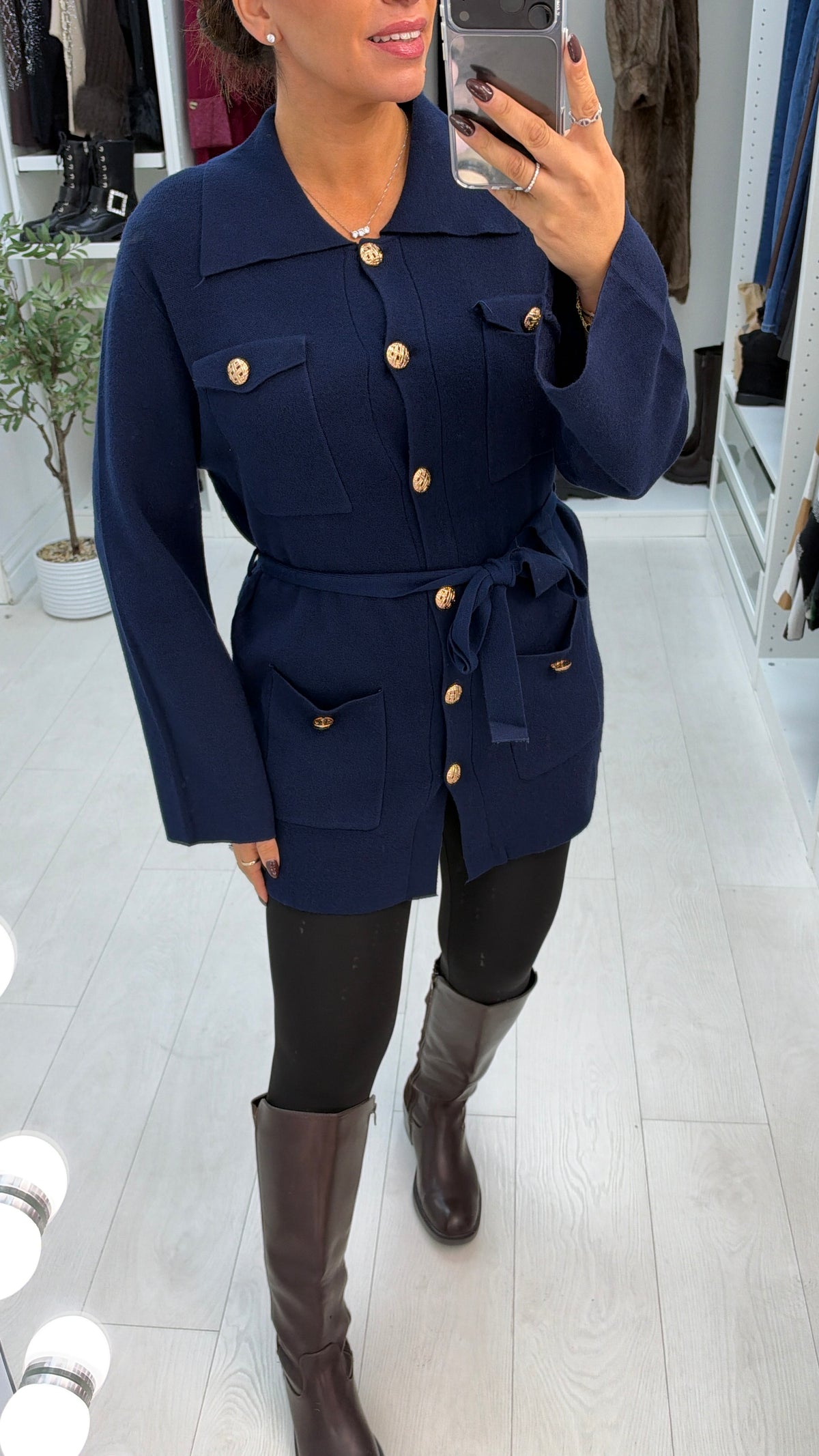 Danela Button Front Belted Longline Collared Jumper