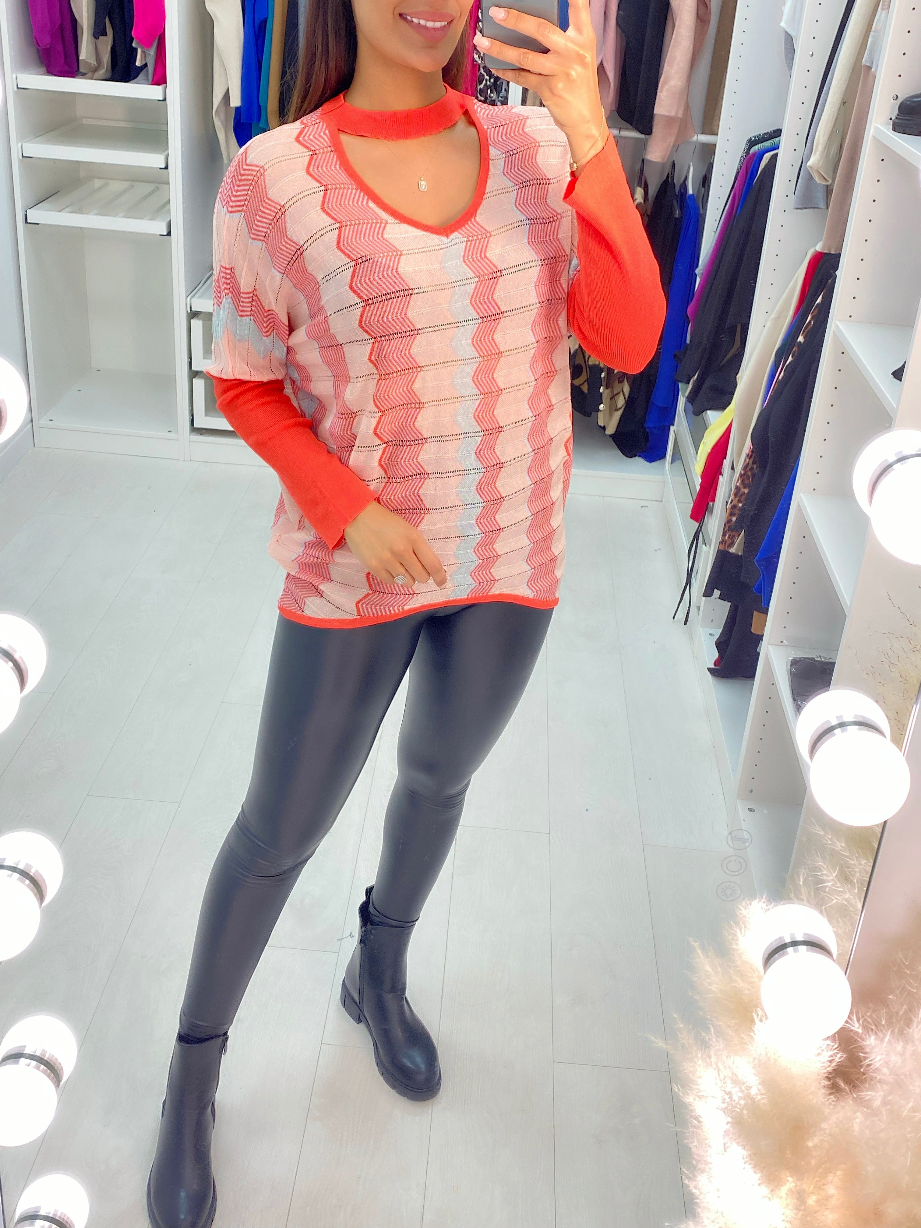 Eline Diagonal Zig Zag Sheer Choker Neck Top