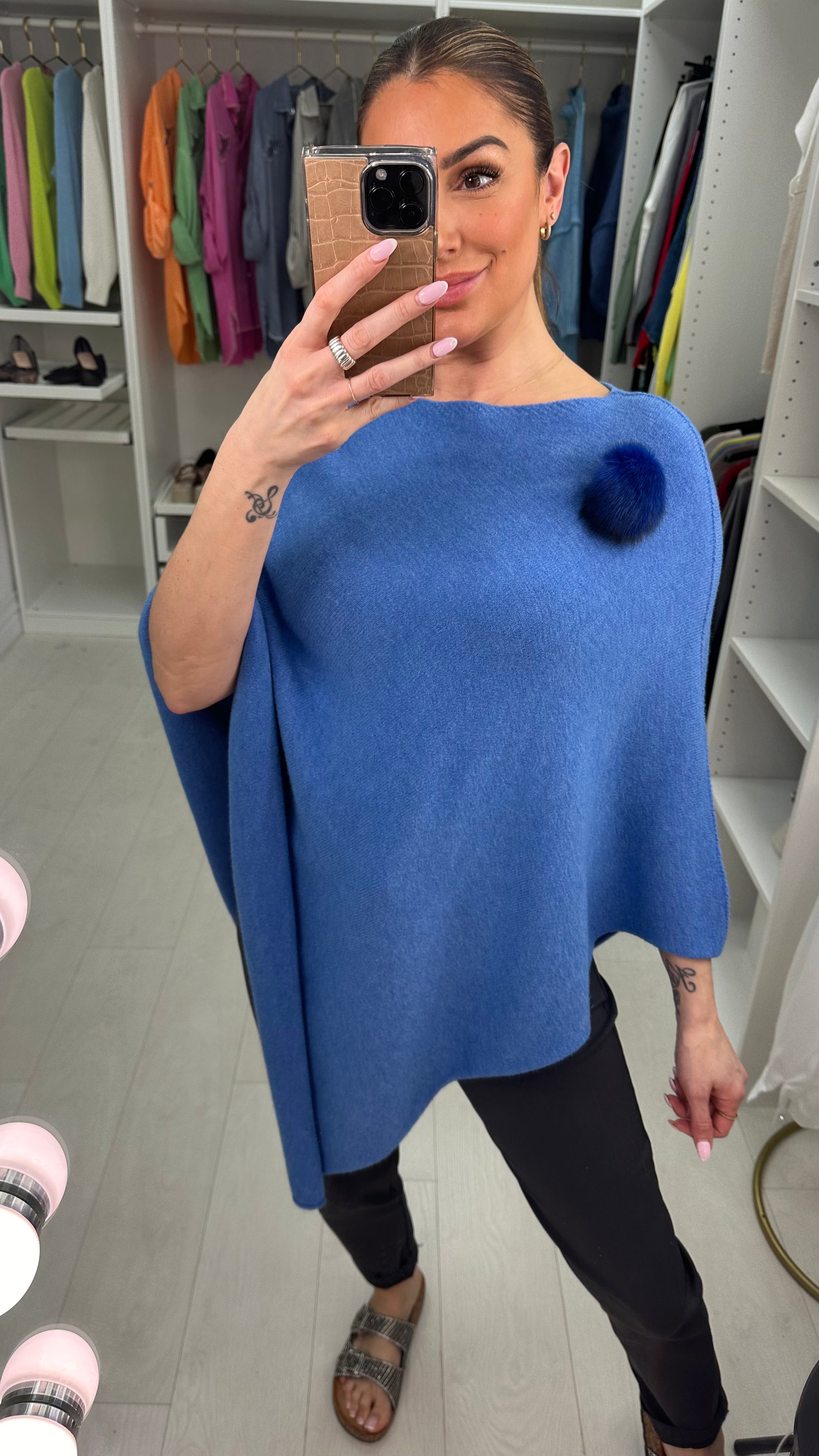 Martina Plain Pom Pom Brooch Asymmetric Poncho