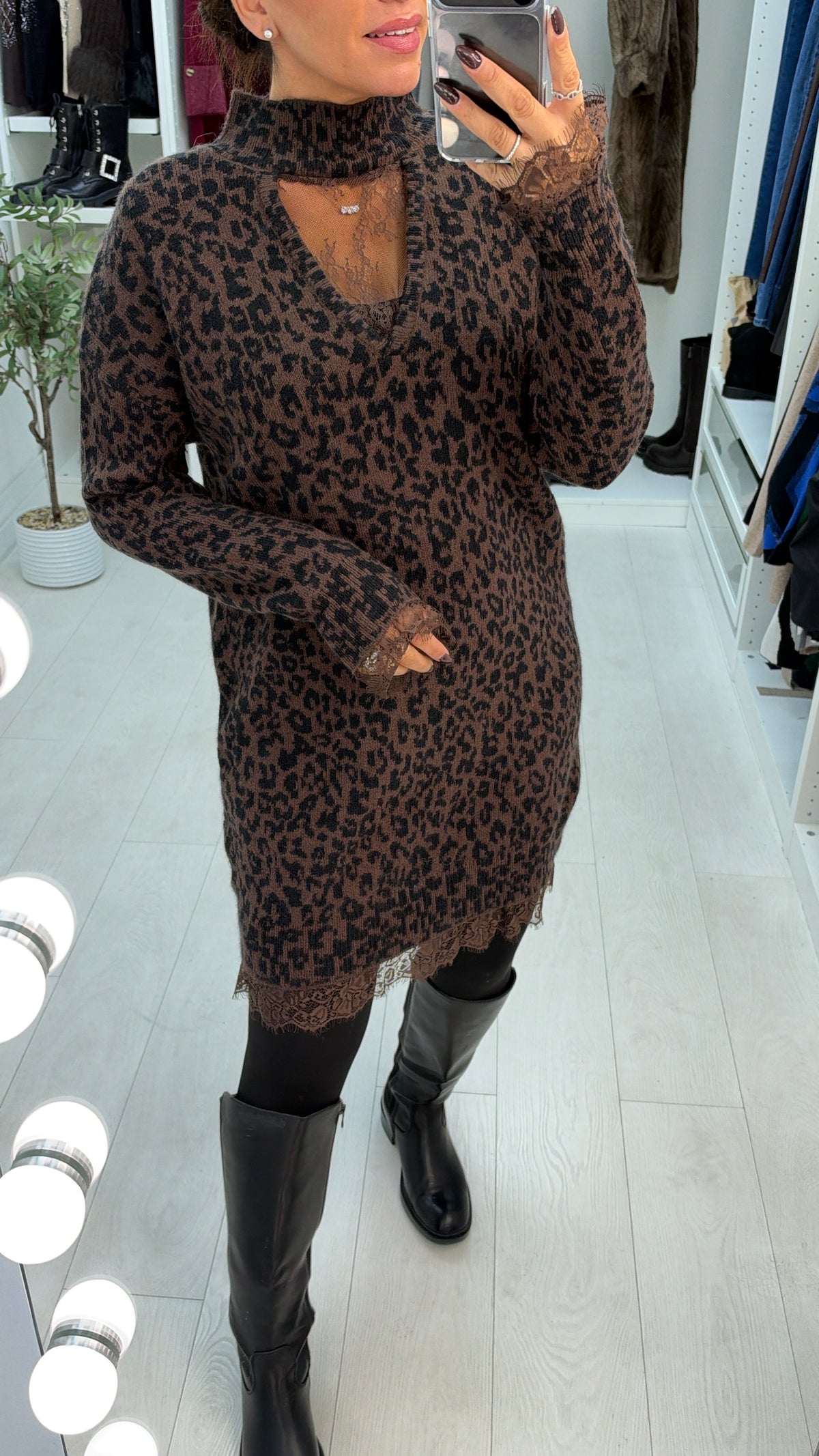 Olara Lace Trim Leopard Print Jumper Dress