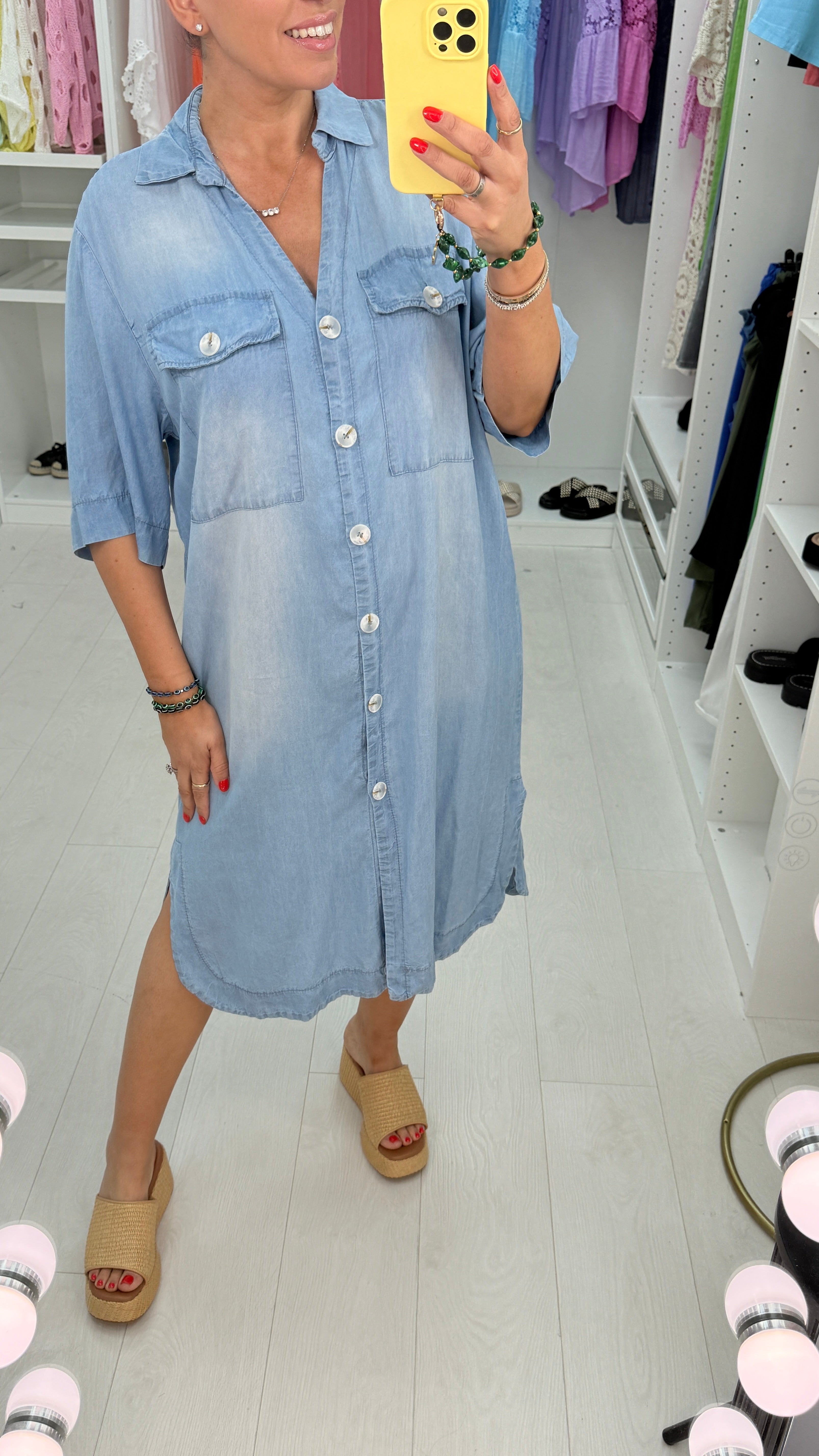 Kayley Denim Button Front Loose Fit Maxi Shirt Dress