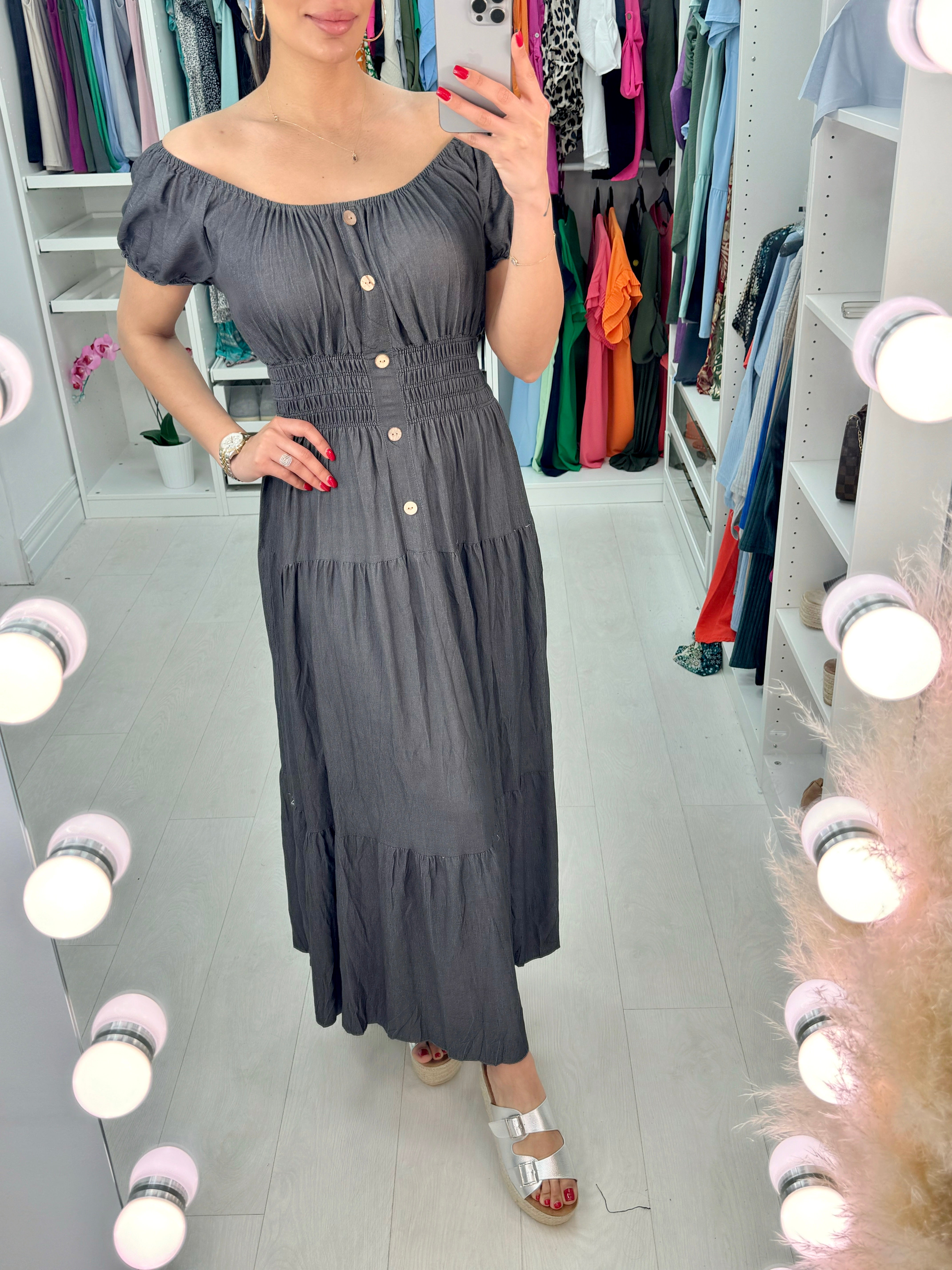 Iliana Plain Button Detail Maxi Dress