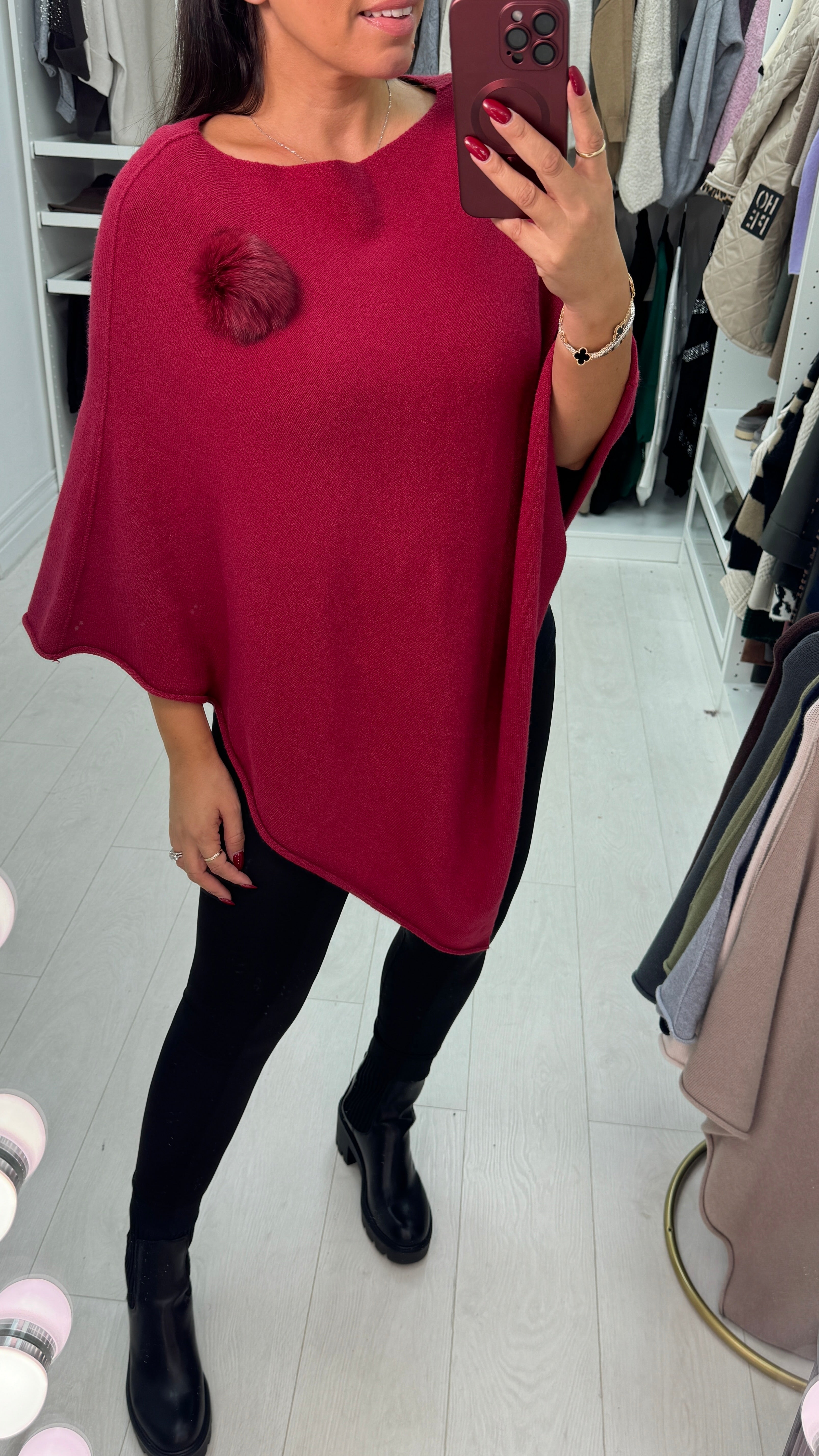Martina Plain Pom Pom Brooch Asymmetric Poncho