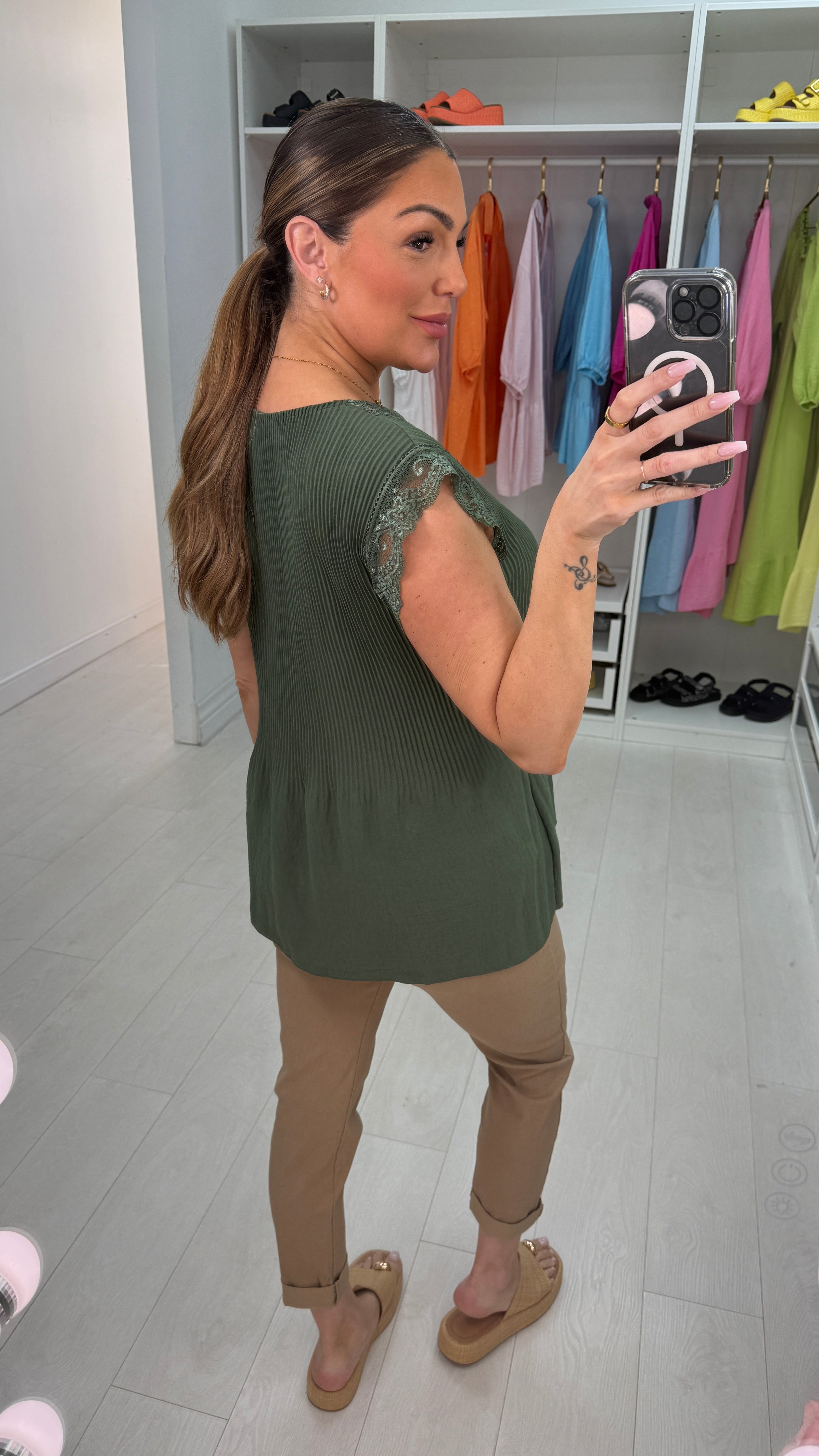 Elona Plain Ribbed Lace Trim Top