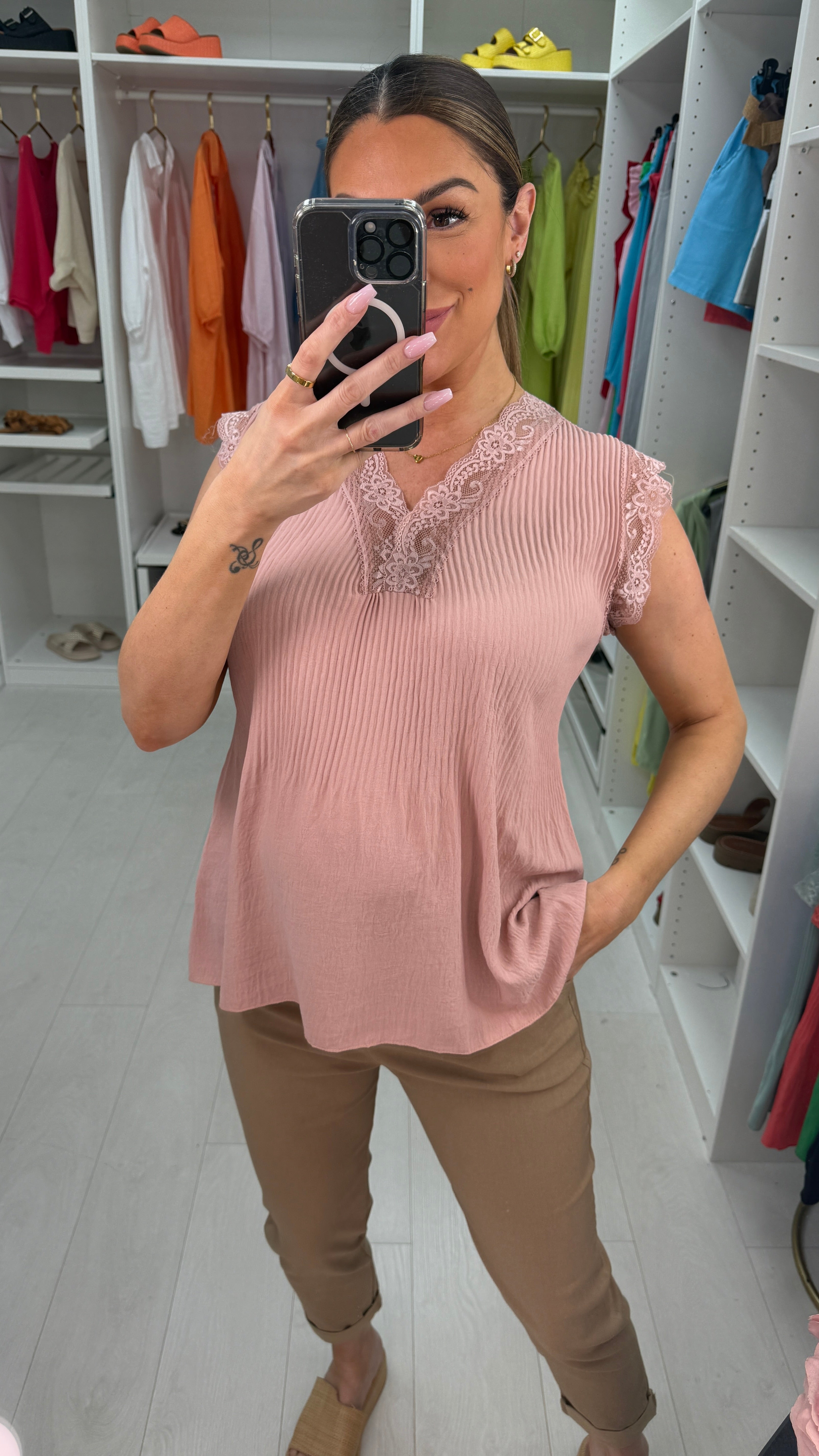 Elona Plain Ribbed Lace Trim Top