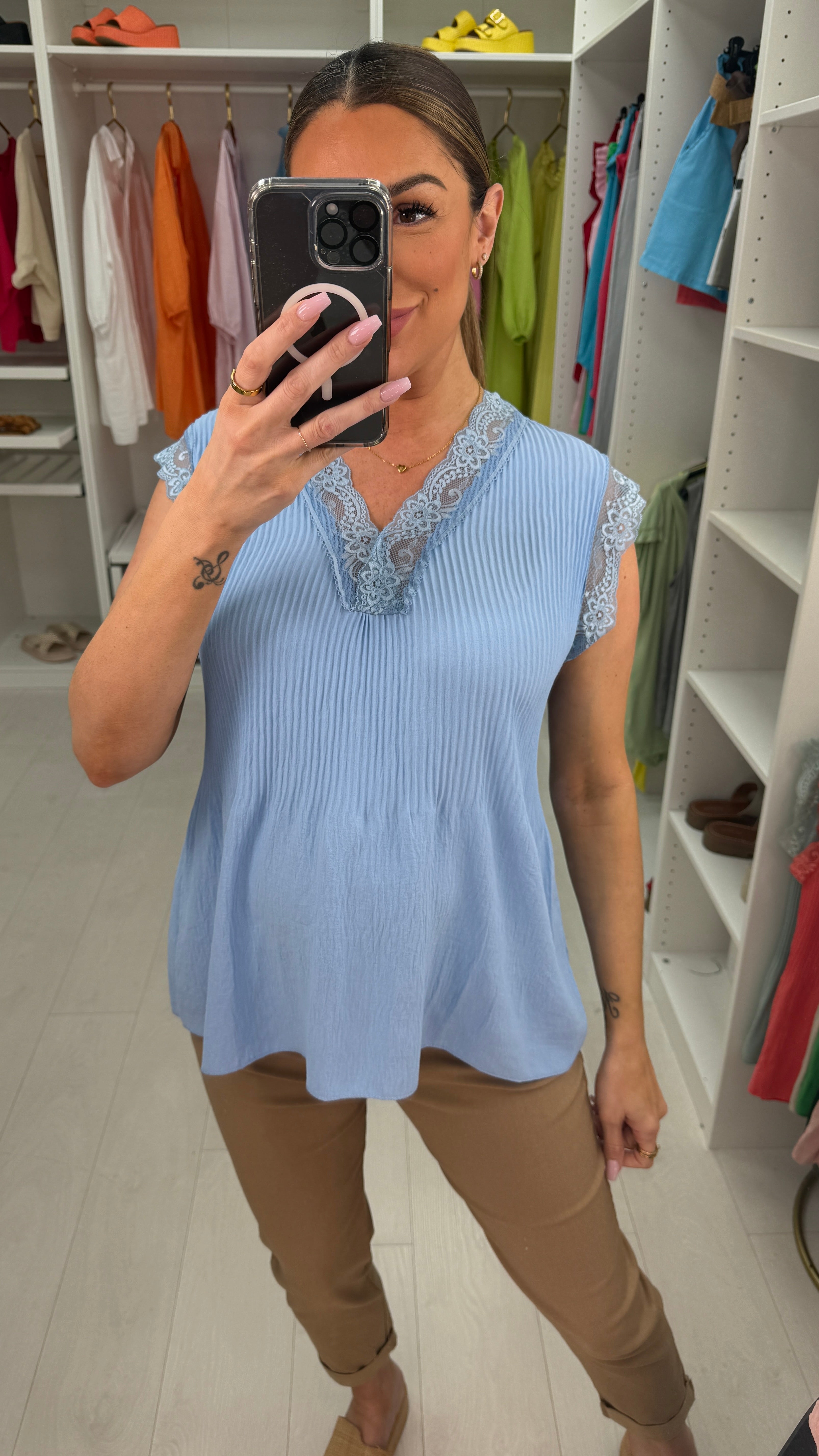 Elona Plain Ribbed Lace Trim Top