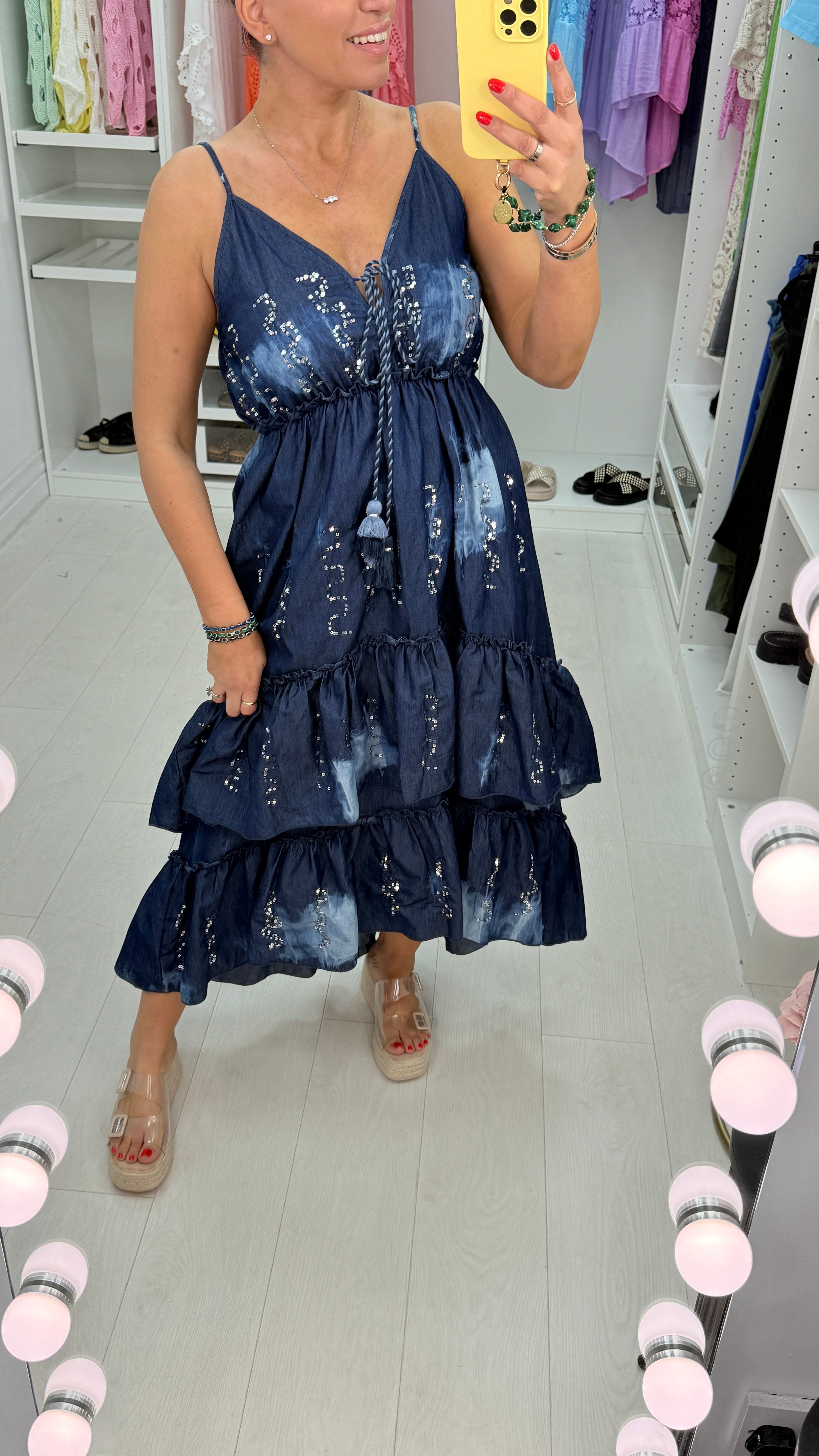 Idalia Embellished Denim Smock Maxi Dress