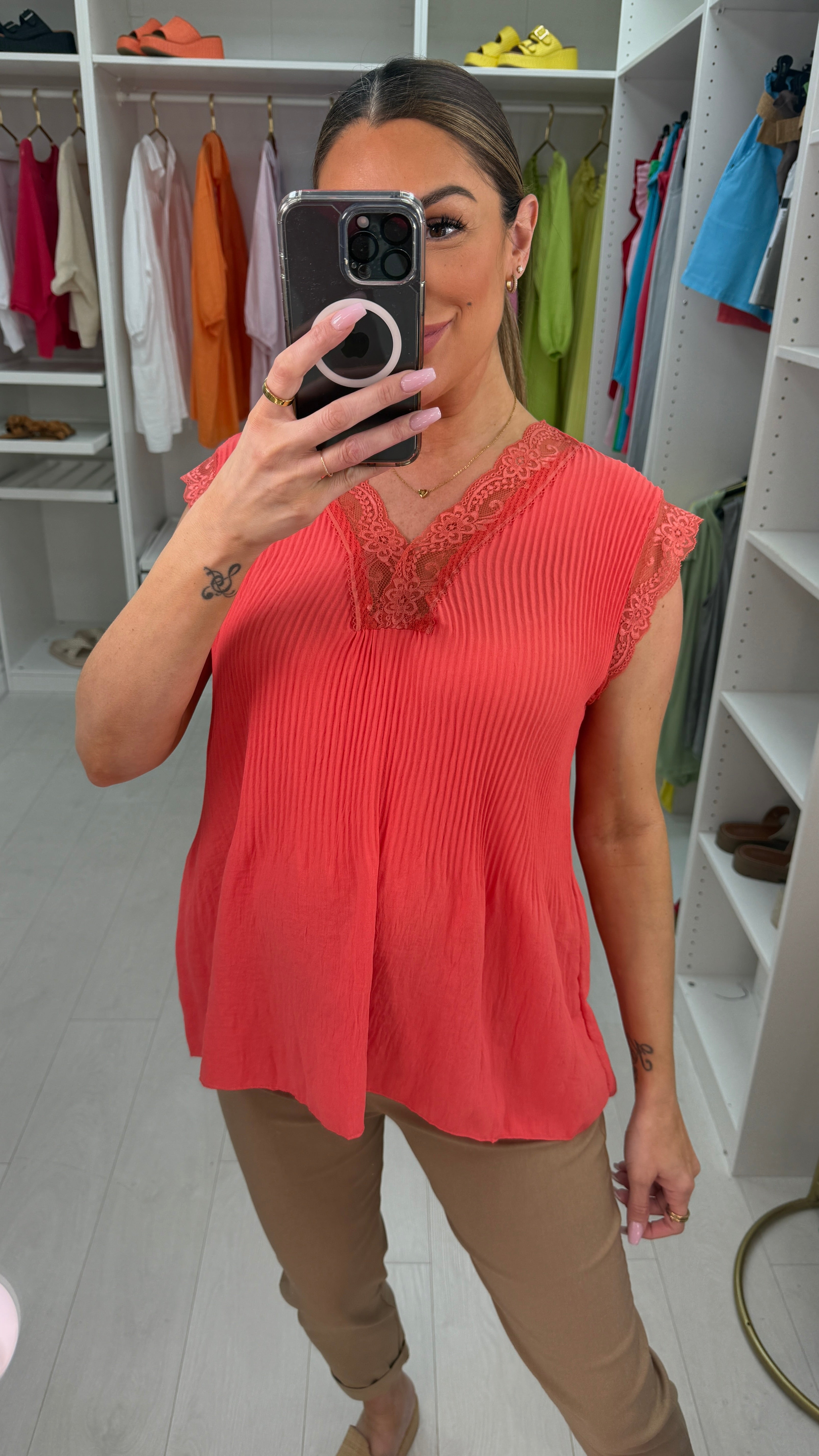 Elona Plain Ribbed Lace Trim Top