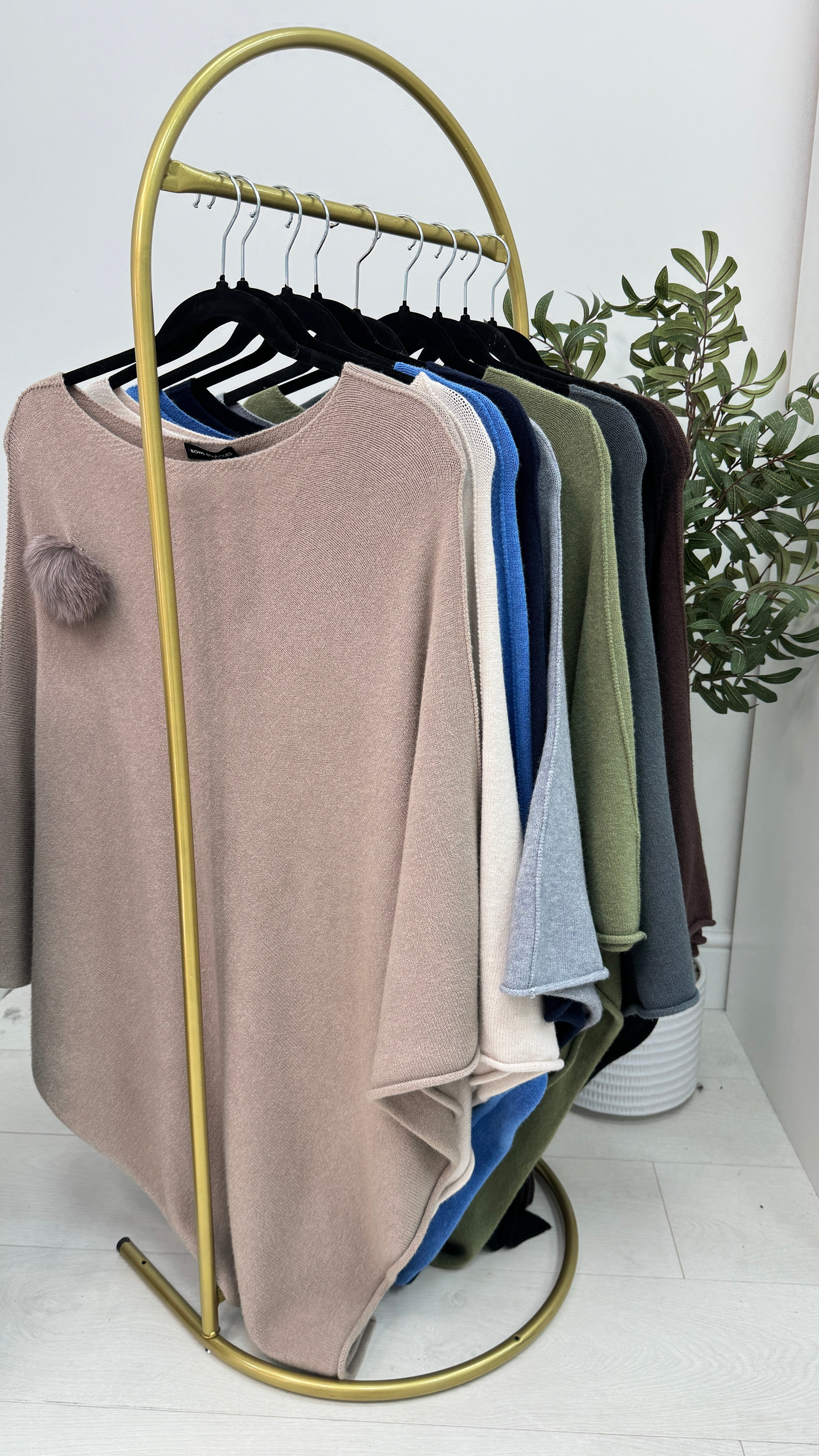 Martina Plain Pom Pom Brooch Asymmetric Poncho