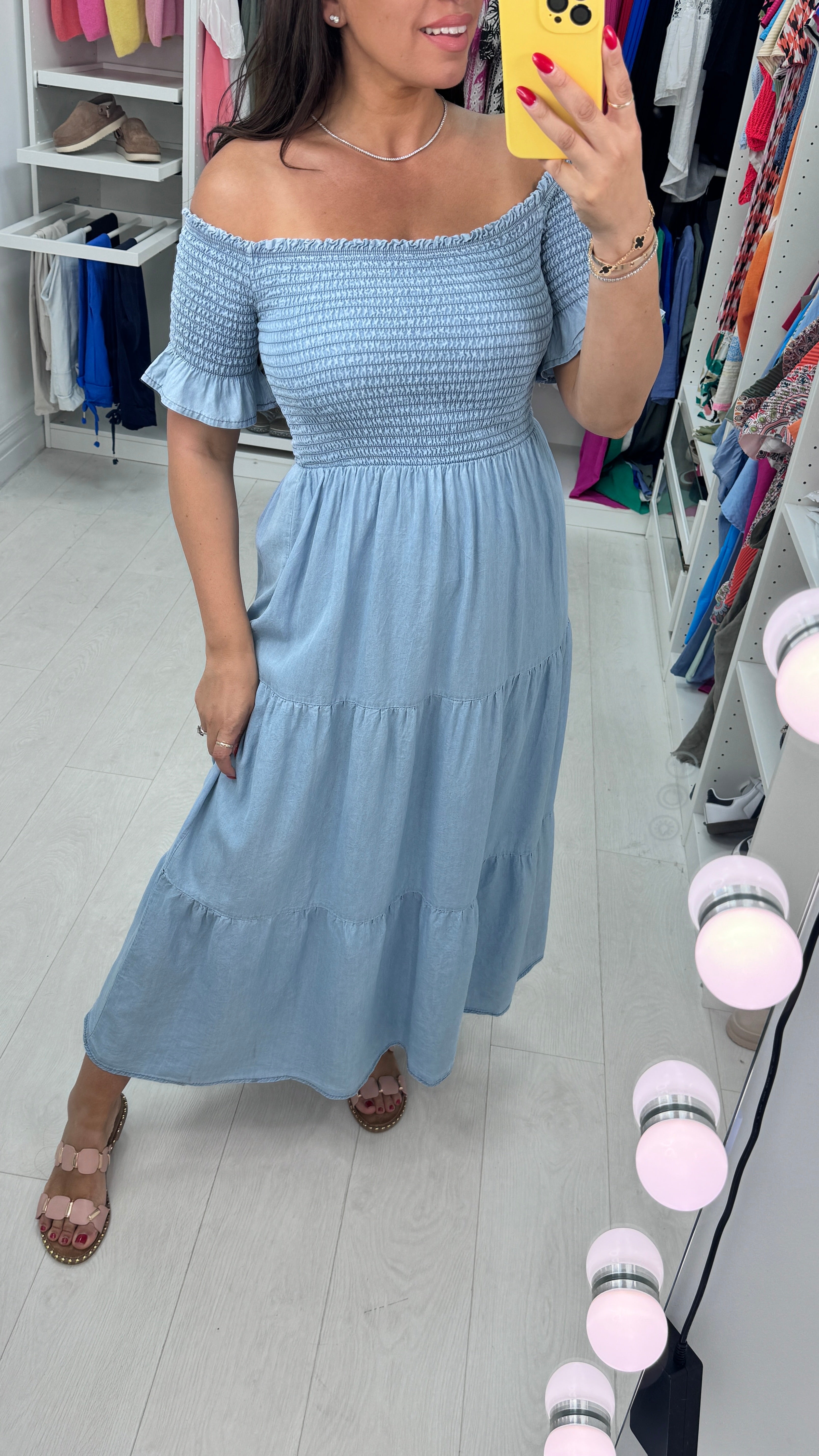 Maggie Bardot Elasticated Denim Maxi Dress