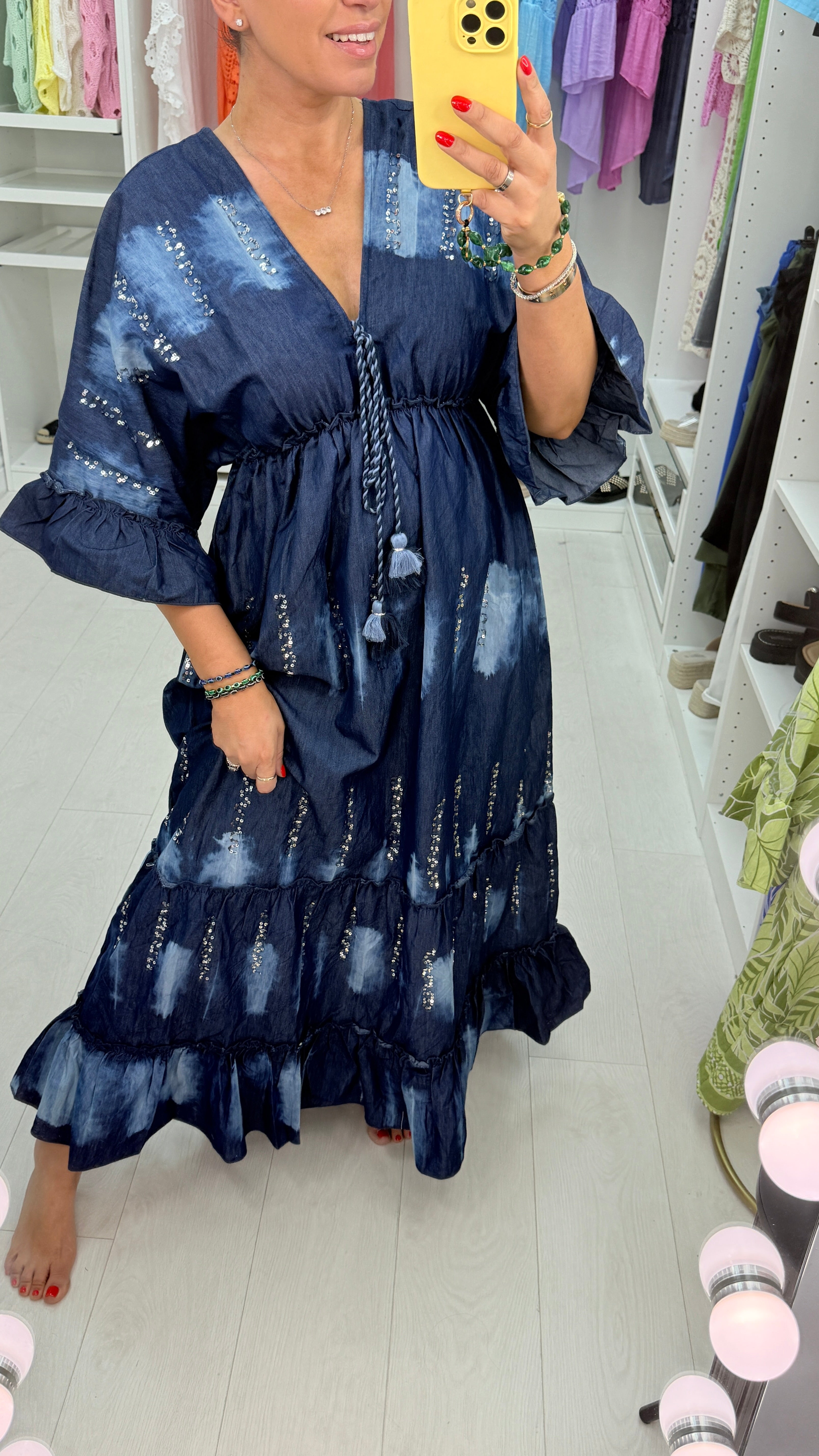 Suki Denim Tie Dye Embellished Maxi Dress