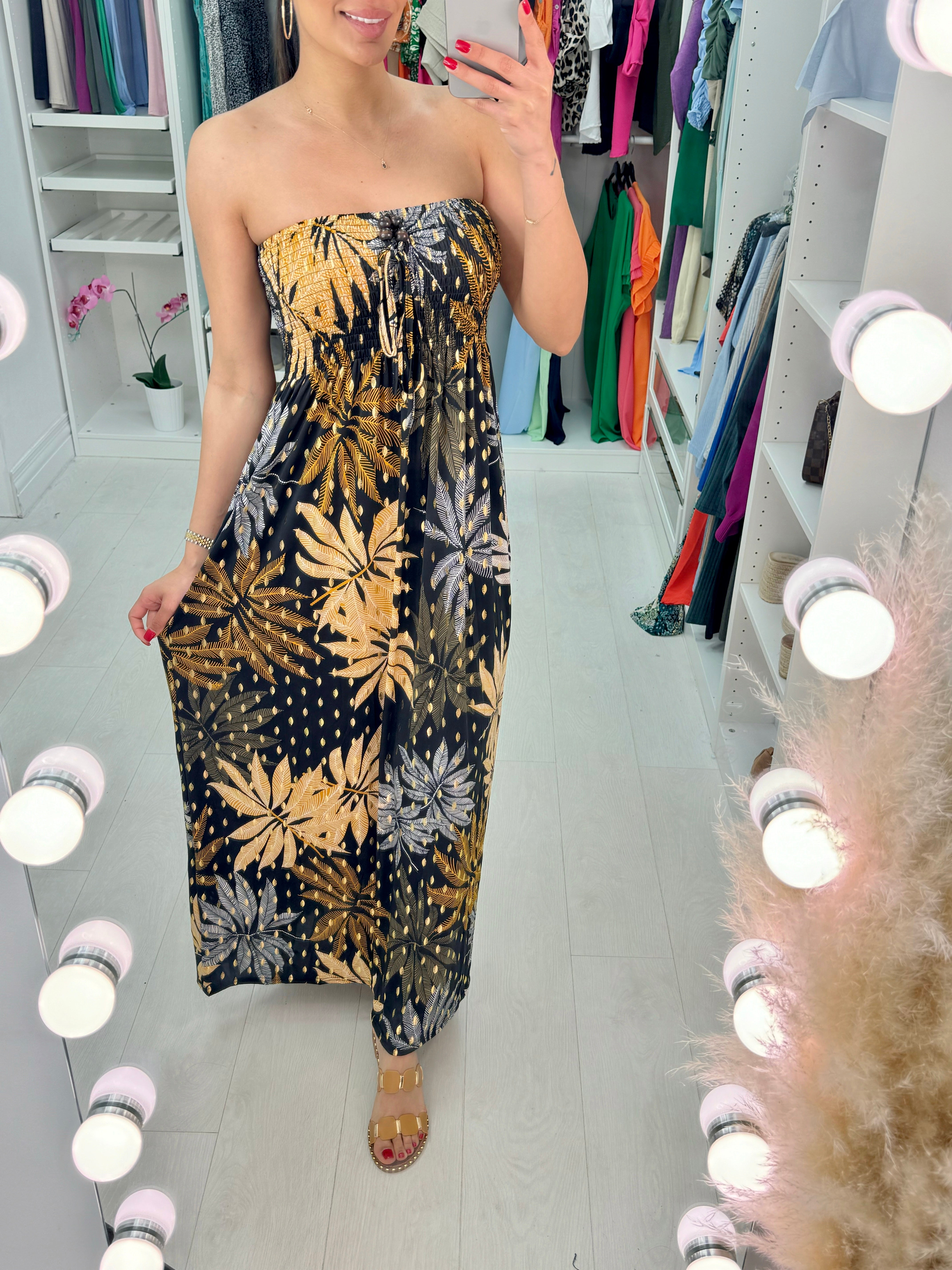 Sally Elasticated Bust Leaf Print Bandeau Maxi Dress