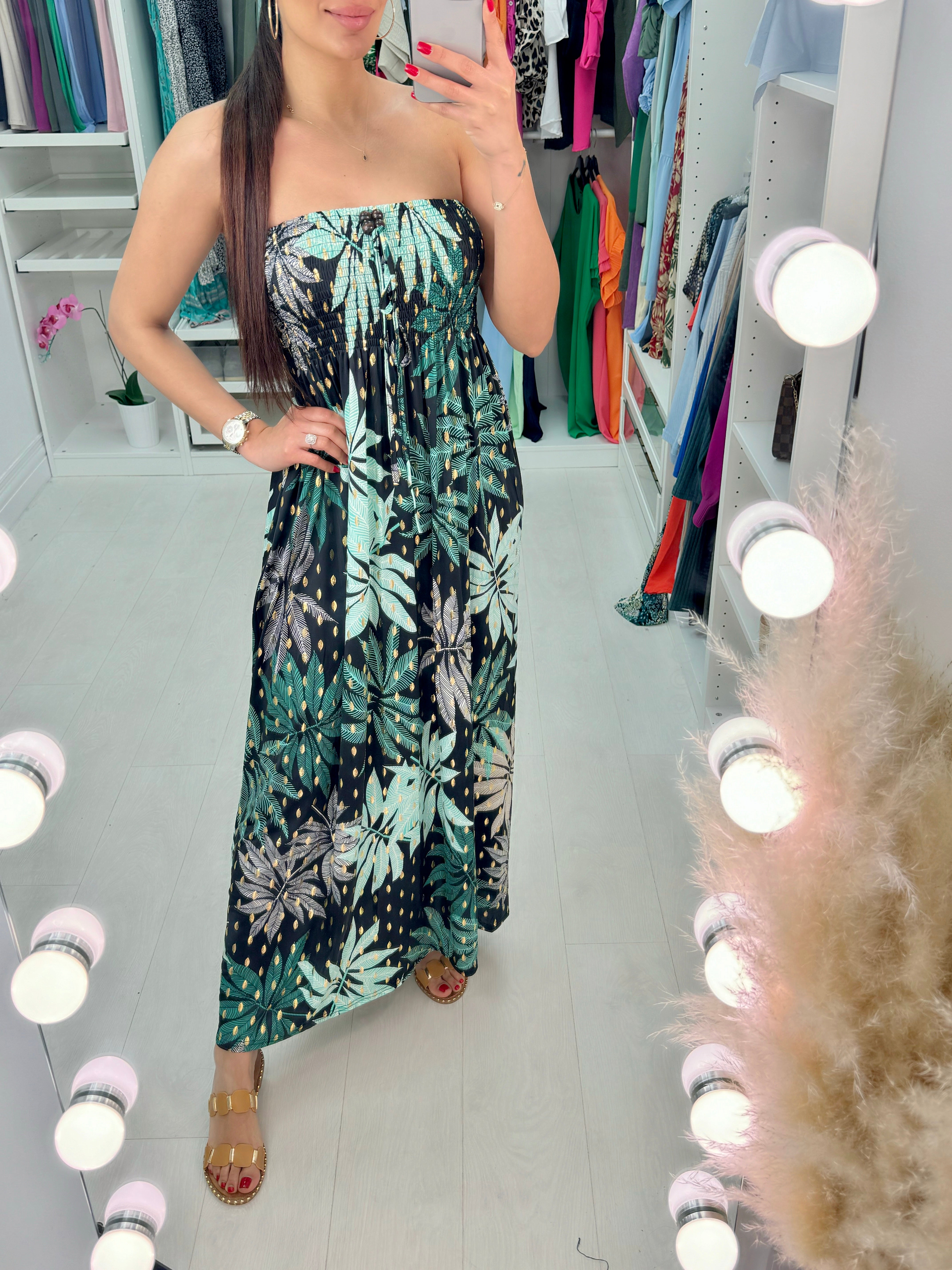 Sally Elasticated Bust Leaf Print Bandeau Maxi Dress