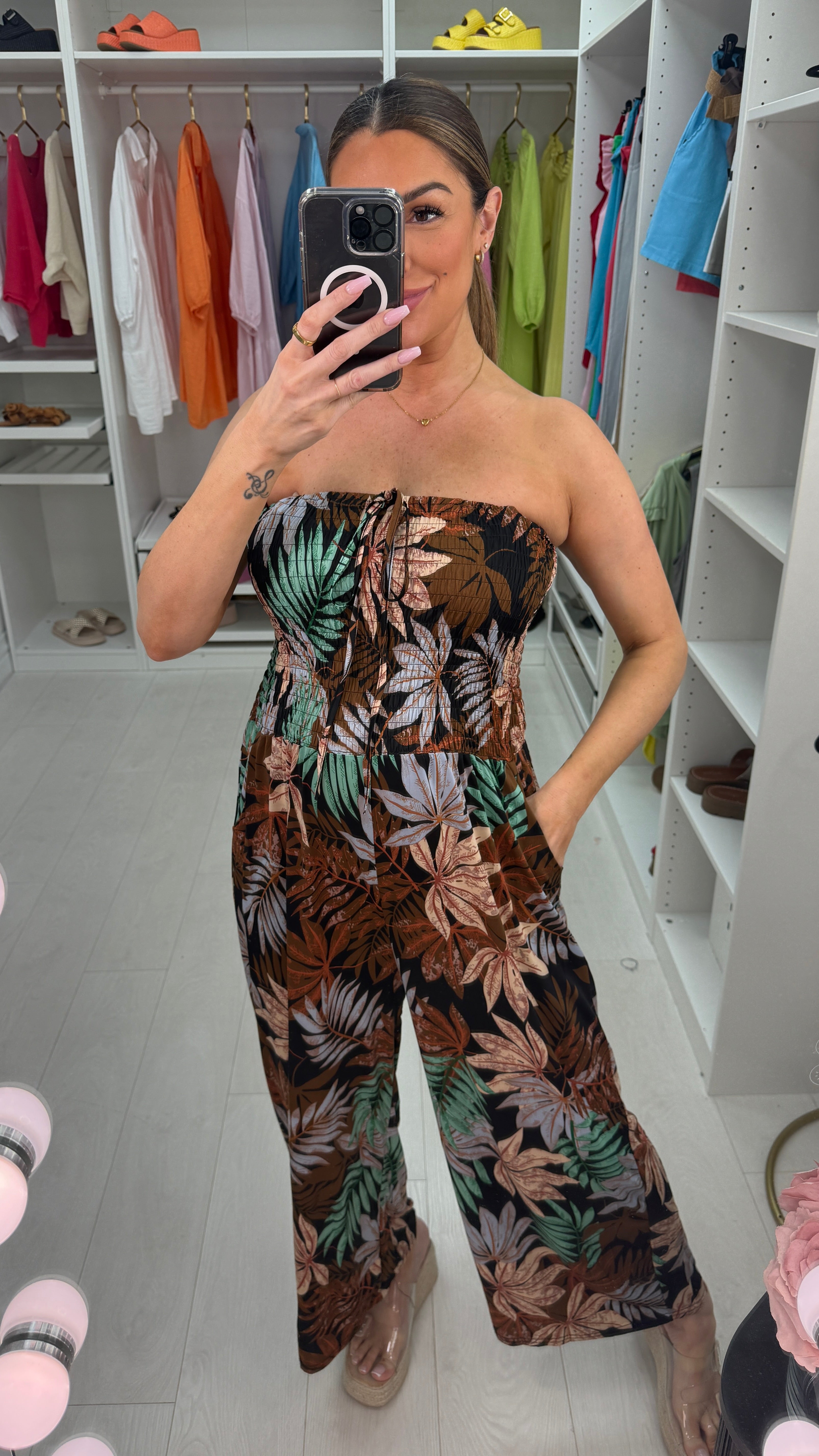 Ramy Leaf Print Elasticated Bust Magic Jumpsuit
