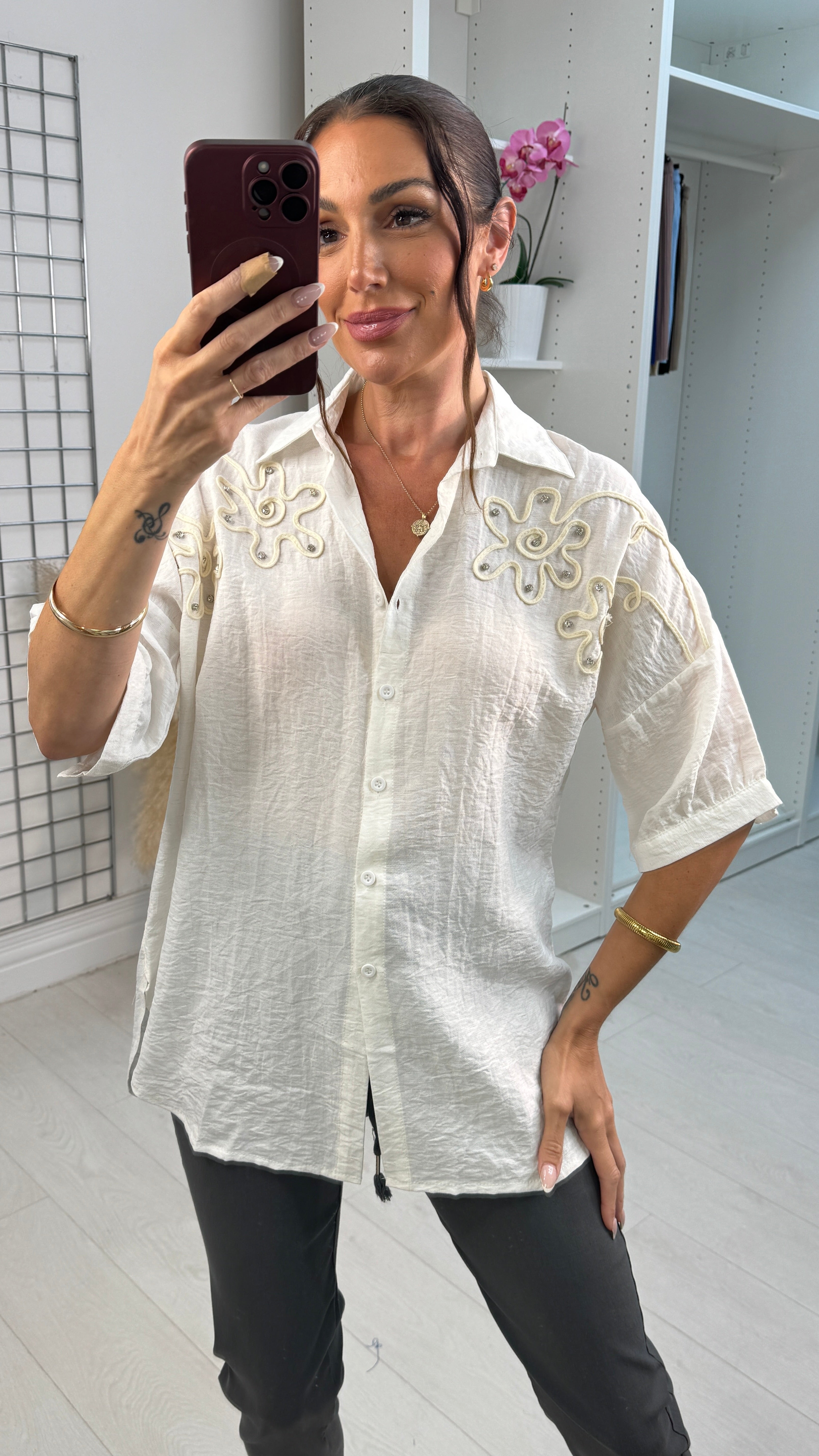 Lucretia Plain Floral Embellished Linen Shirt