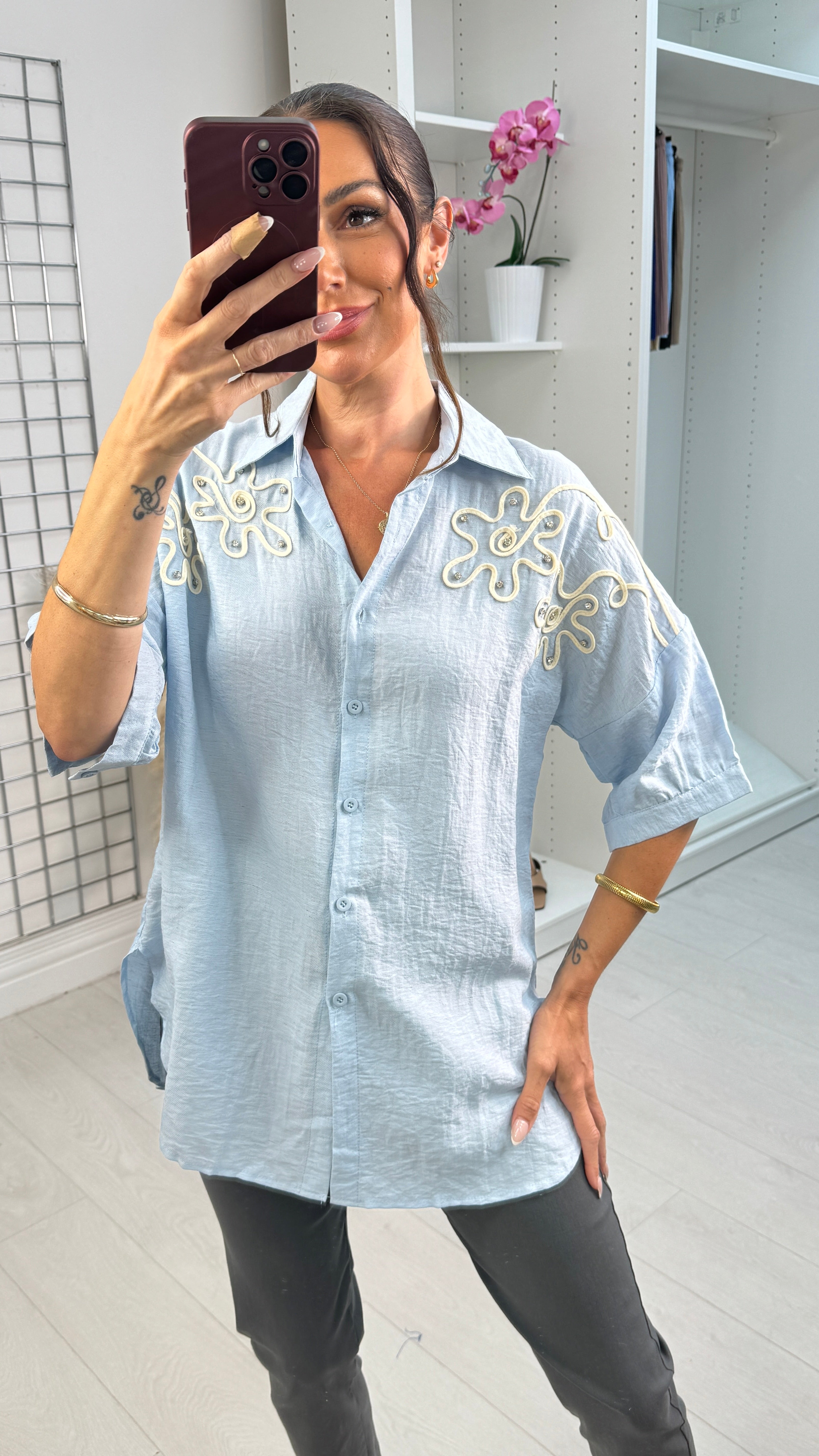 Lucretia Plain Floral Embellished Linen Shirt