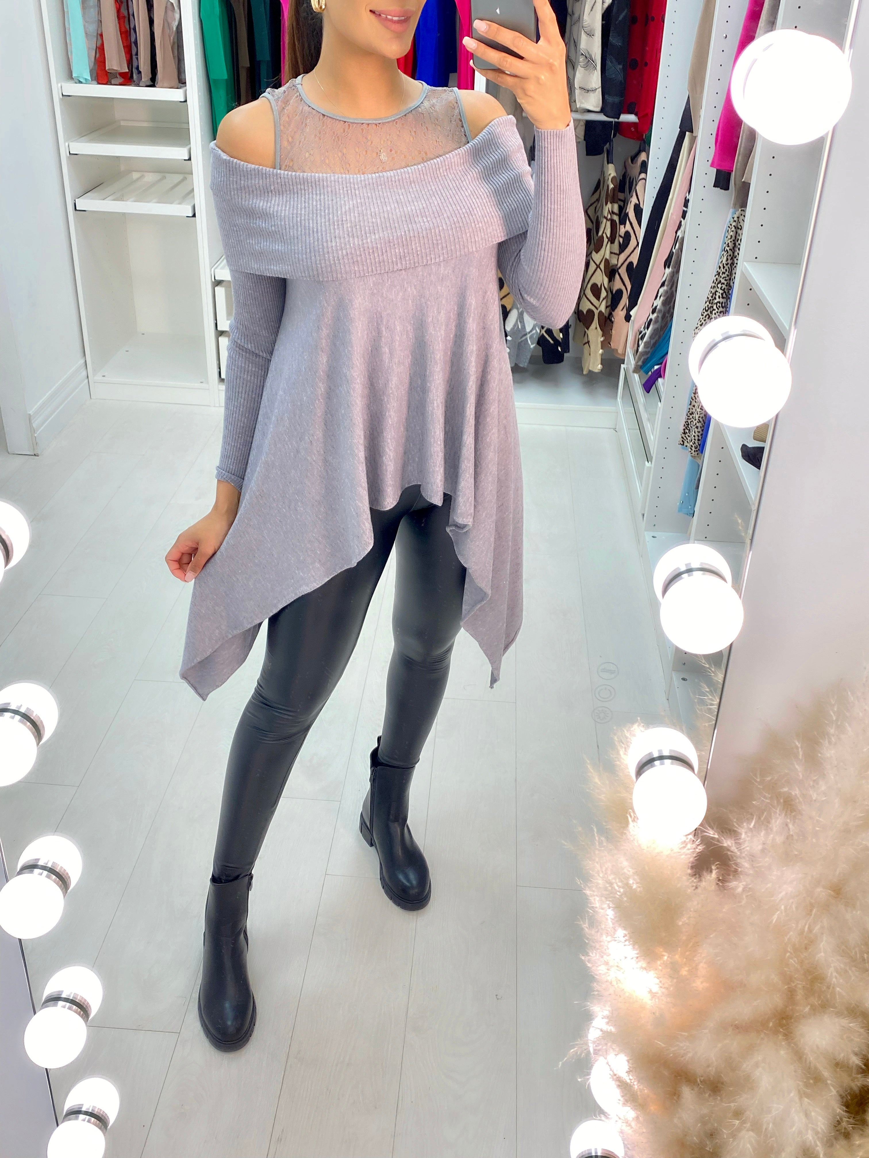 Zahra Sheer Top Cold Shoulder Dip Hem Jumper