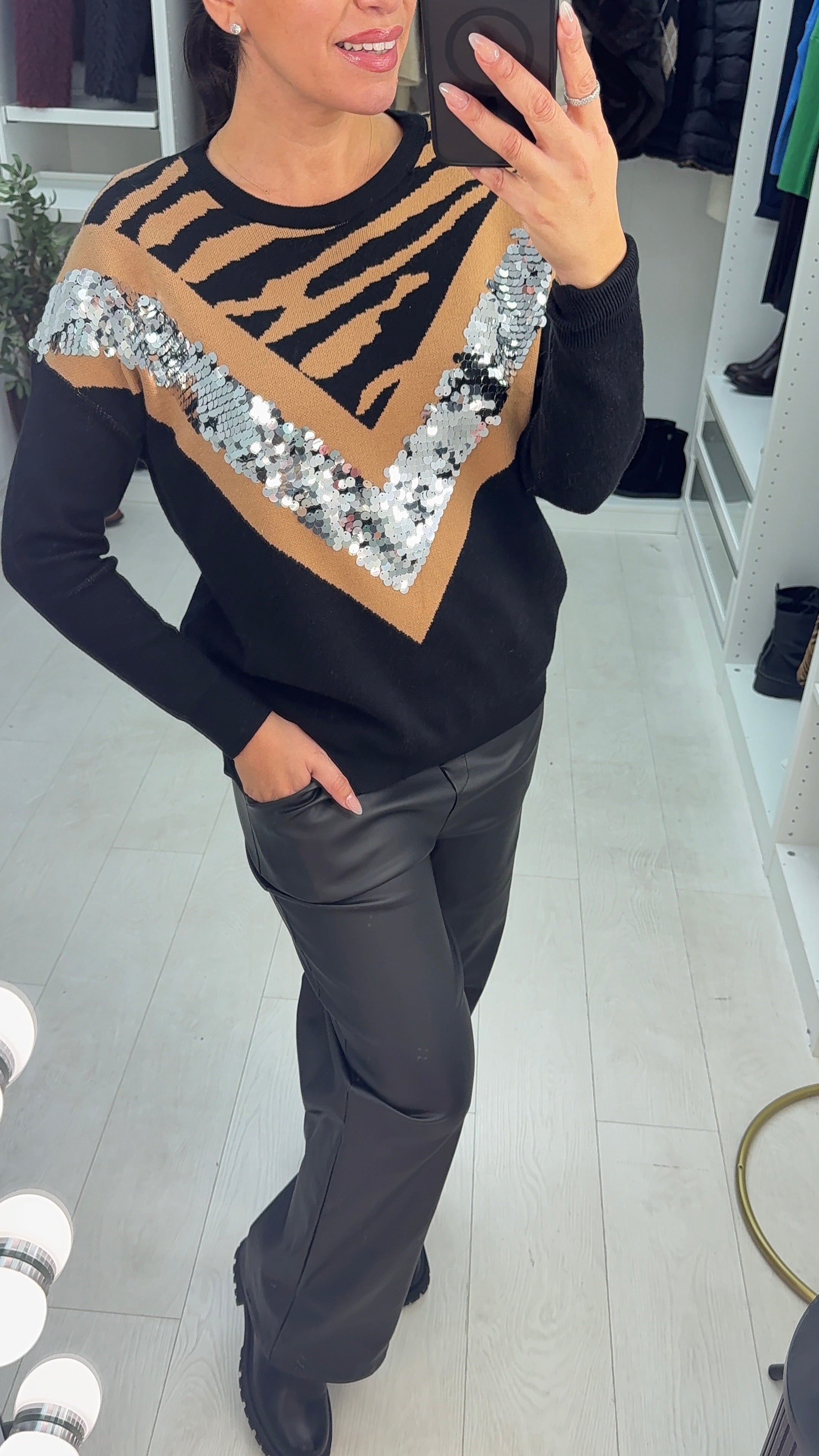 Alisha Asymmetric Animal Print & Sequin Detailed Jumper