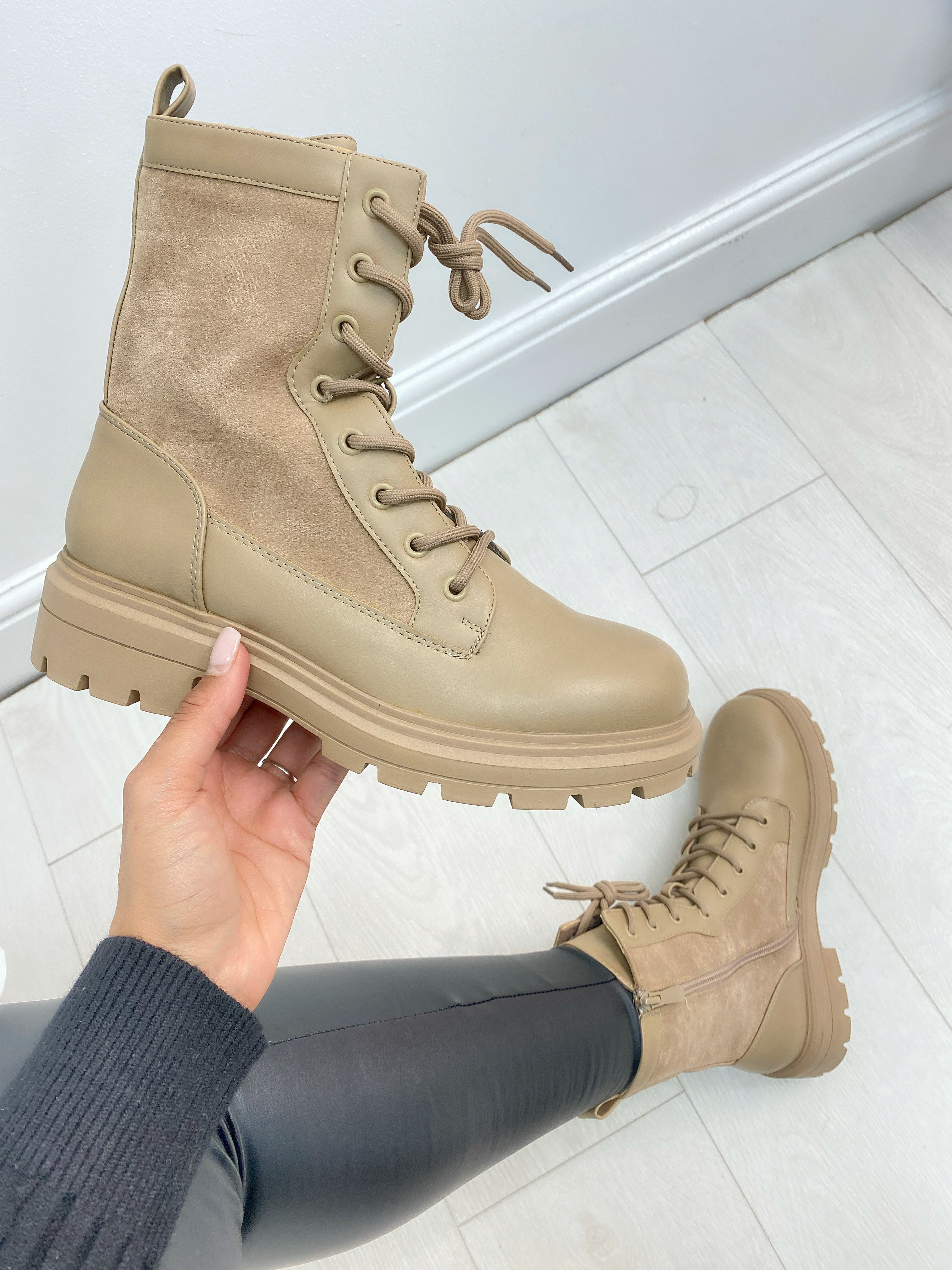 Matheo Faux Suede Detail Lace Up Biker Boot