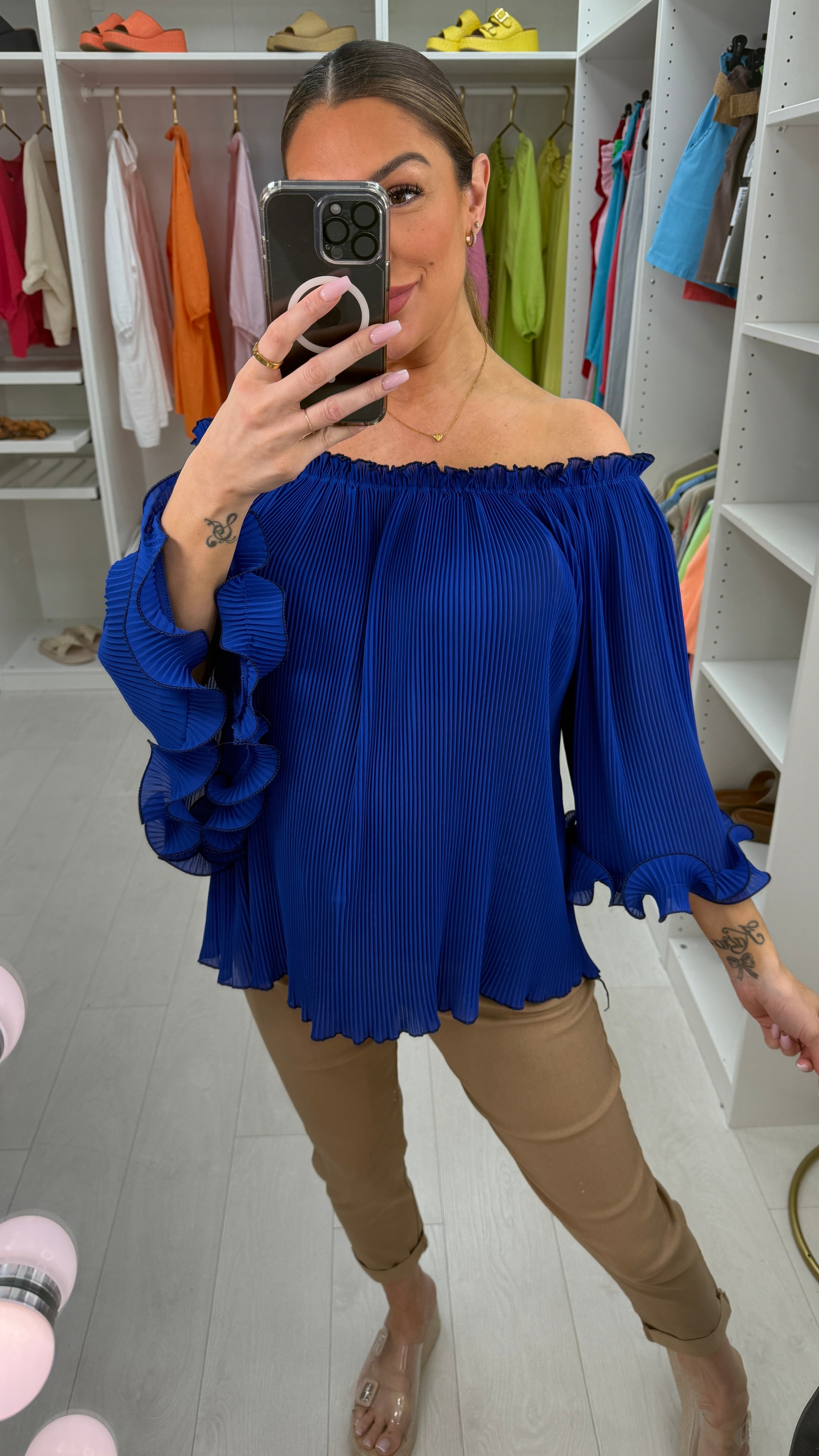 Elyse Pleated Ruffle Curl Bardot Top