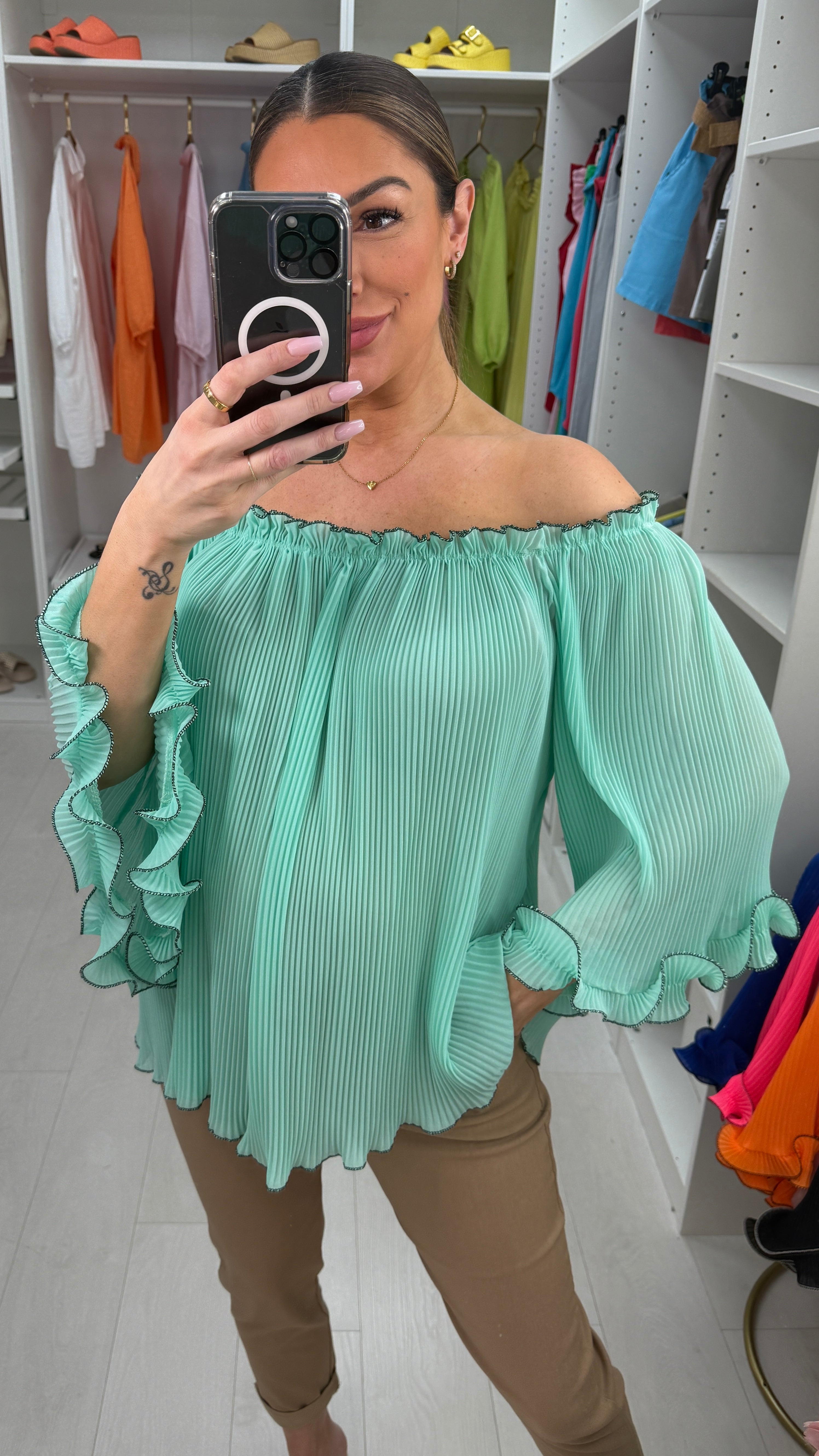 Elyse Pleated Ruffle Curl Bardot Top