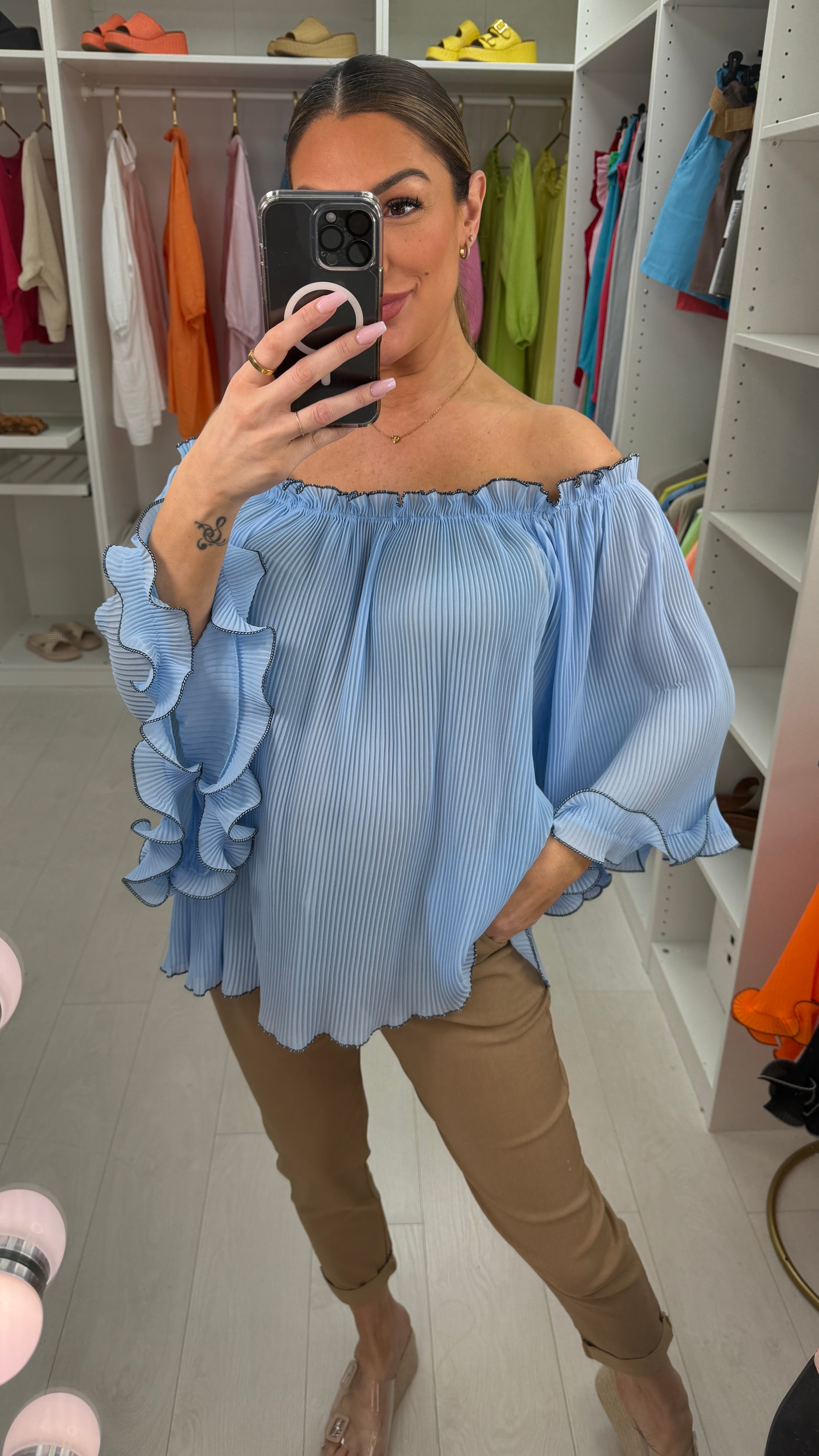 Elyse Pleated Ruffle Curl Bardot Top