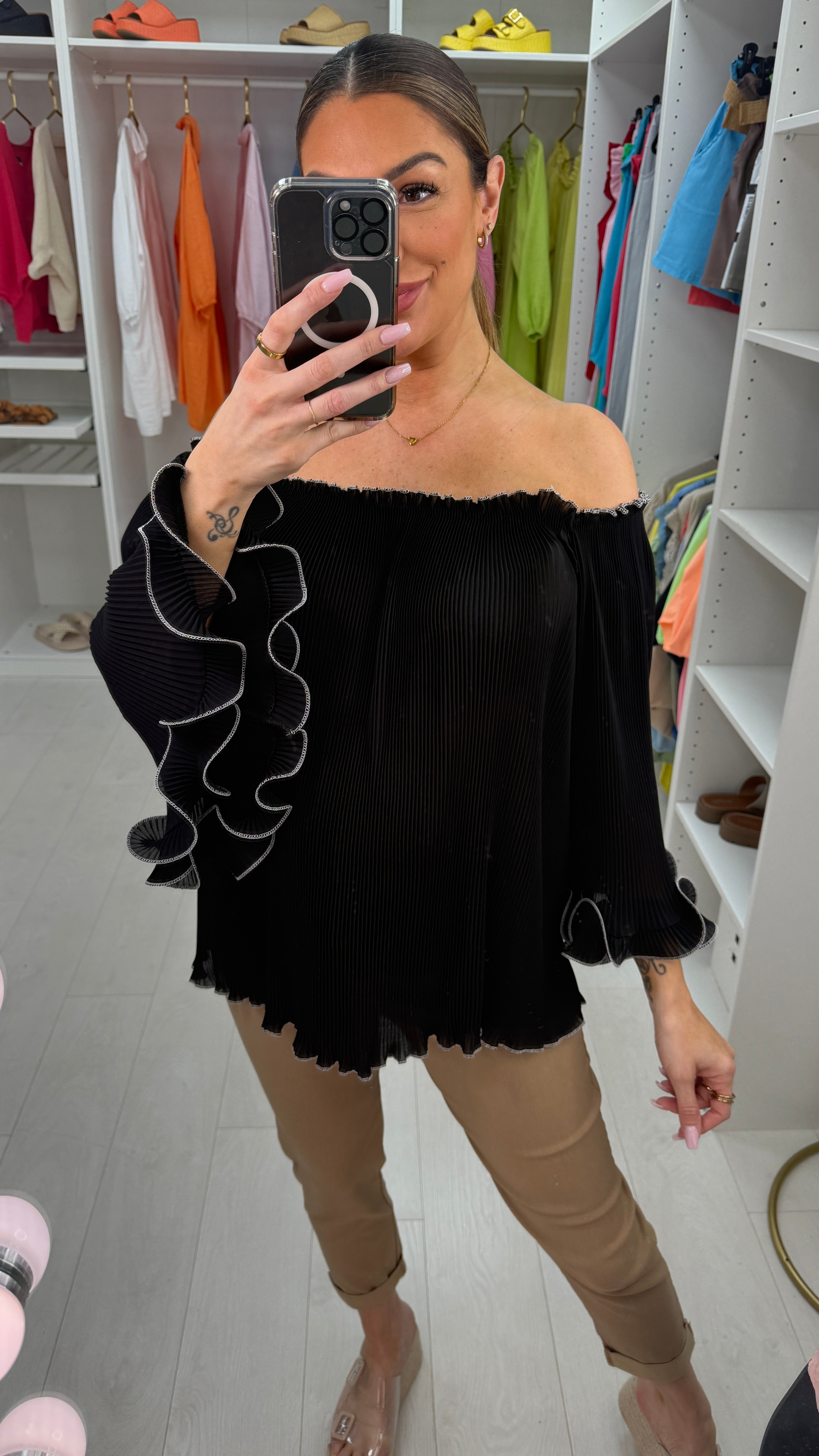 Elyse Pleated Ruffle Curl Bardot Top