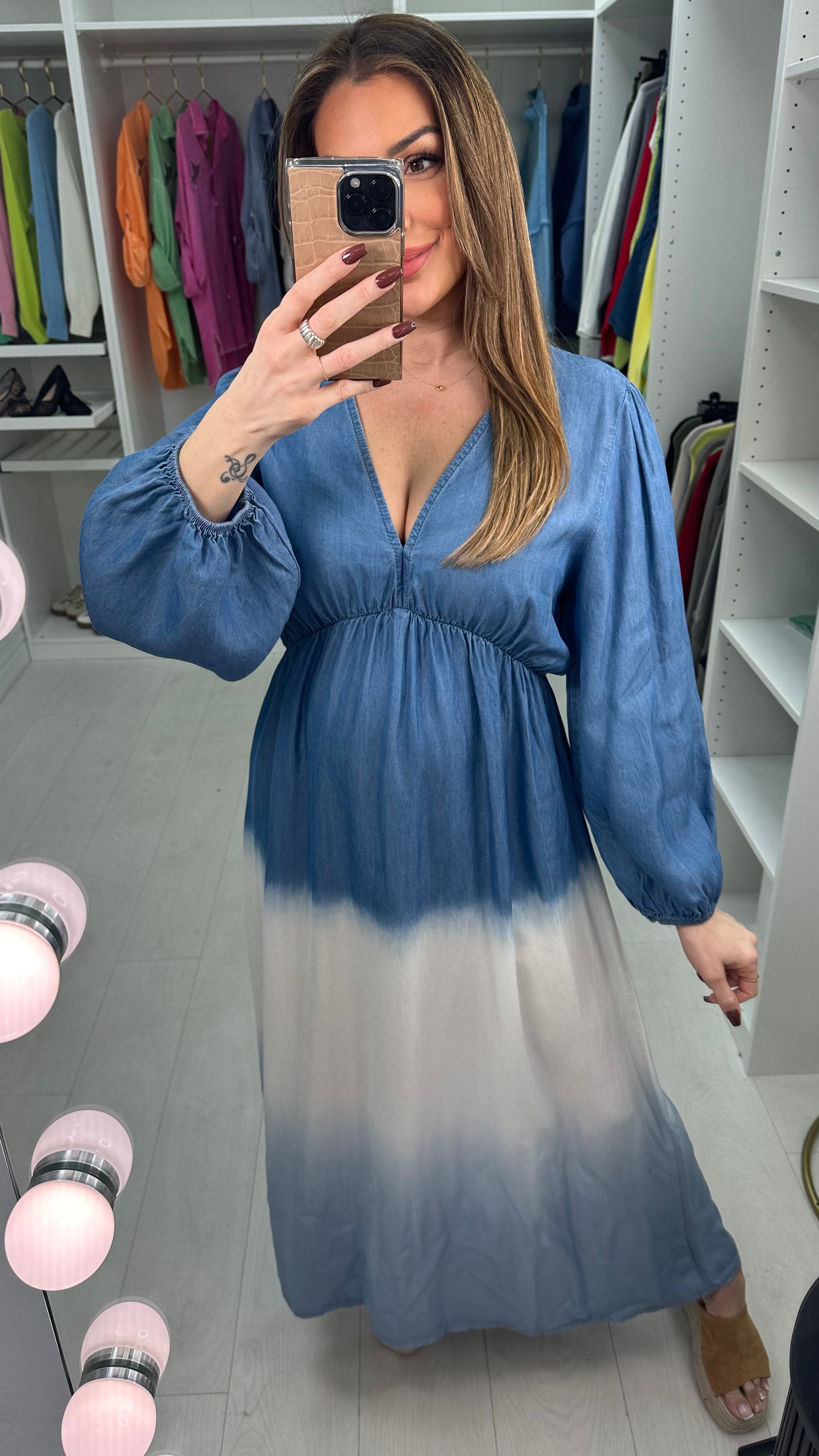 Julia Deep V Neck Denim Ombre Maxi Dress