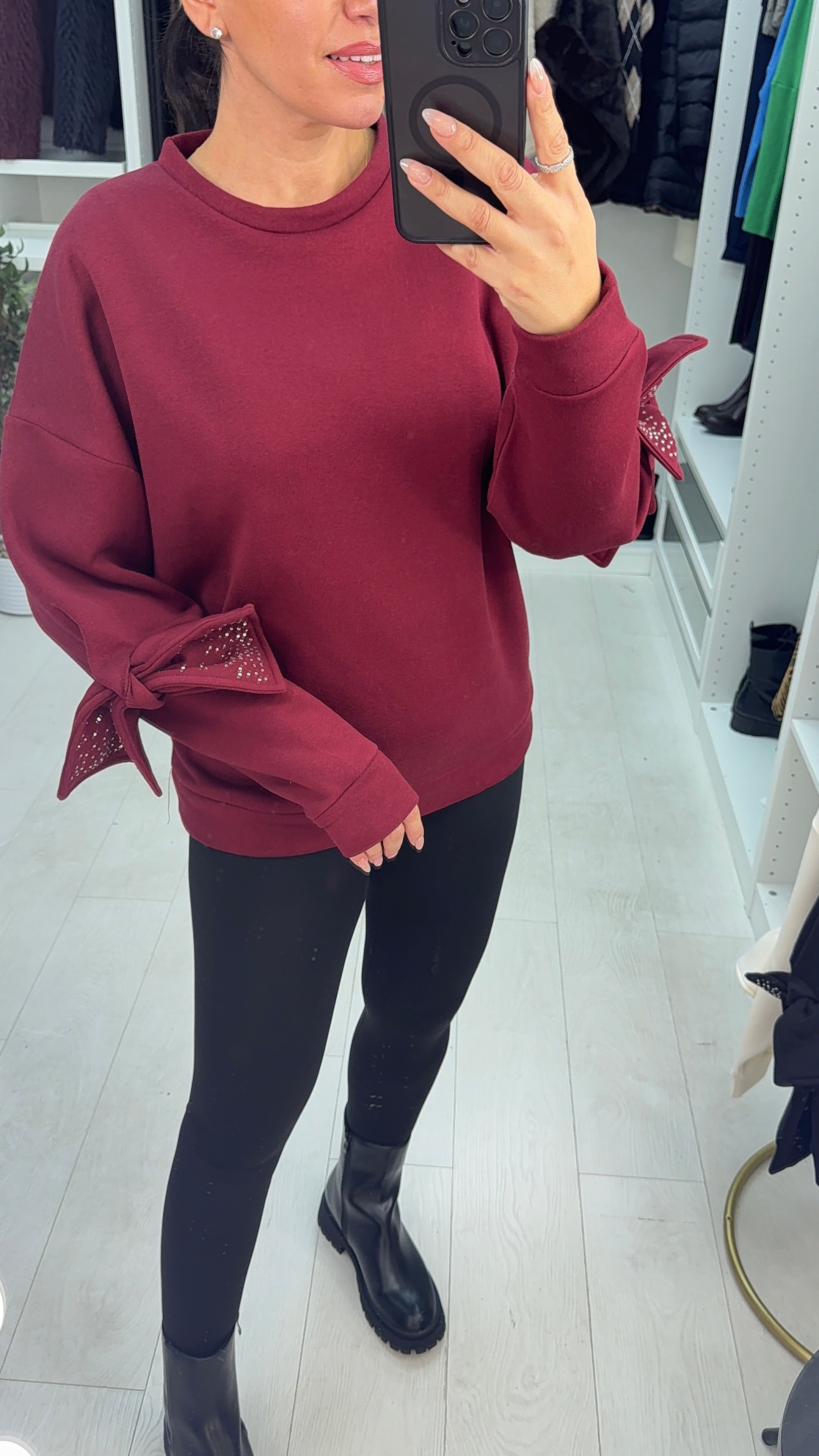 Aimea Plain Embellished Bow Sleeve Sweatshirt
