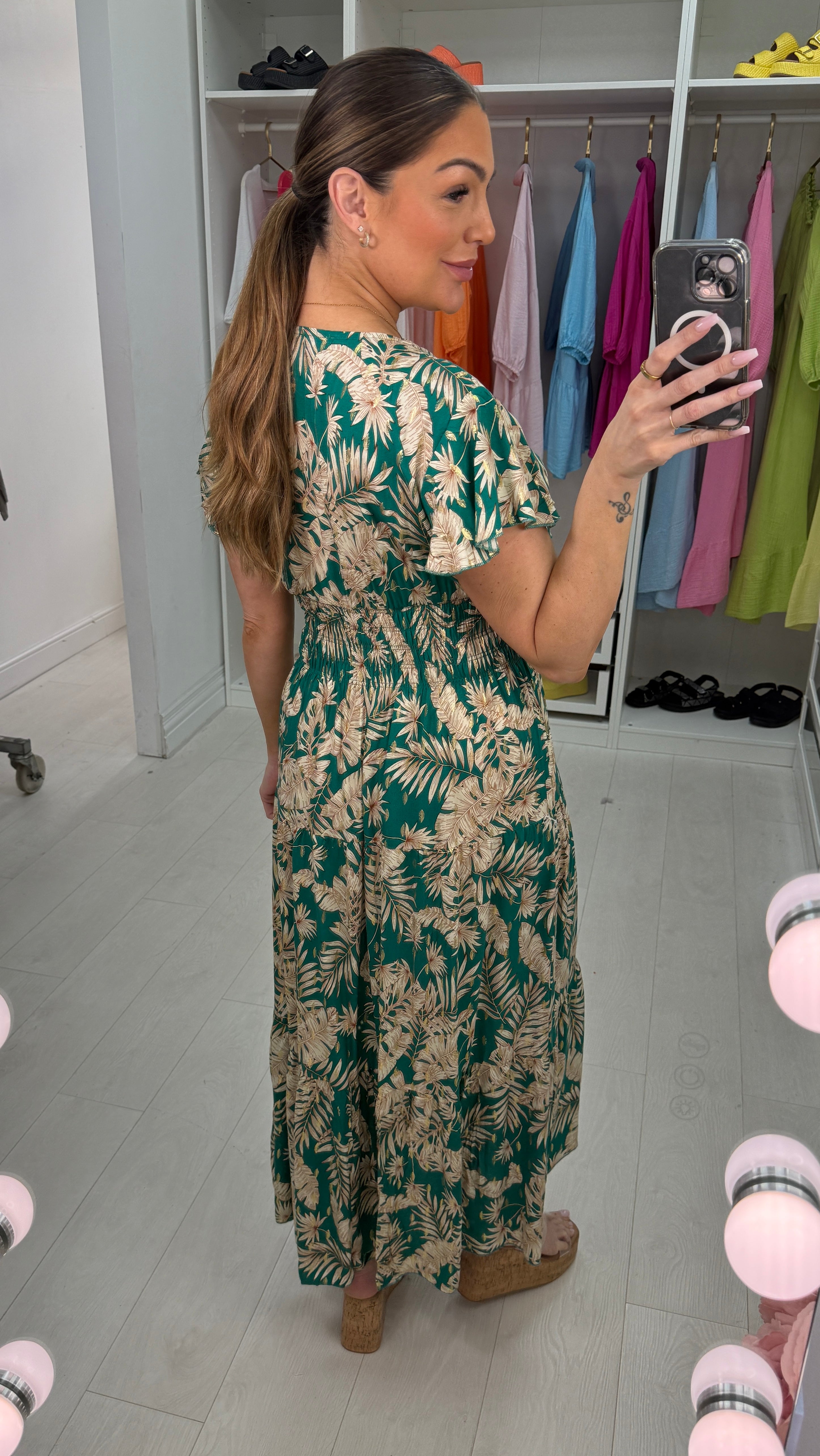 Calypso Frilly Sleeve Leaf Print Dress