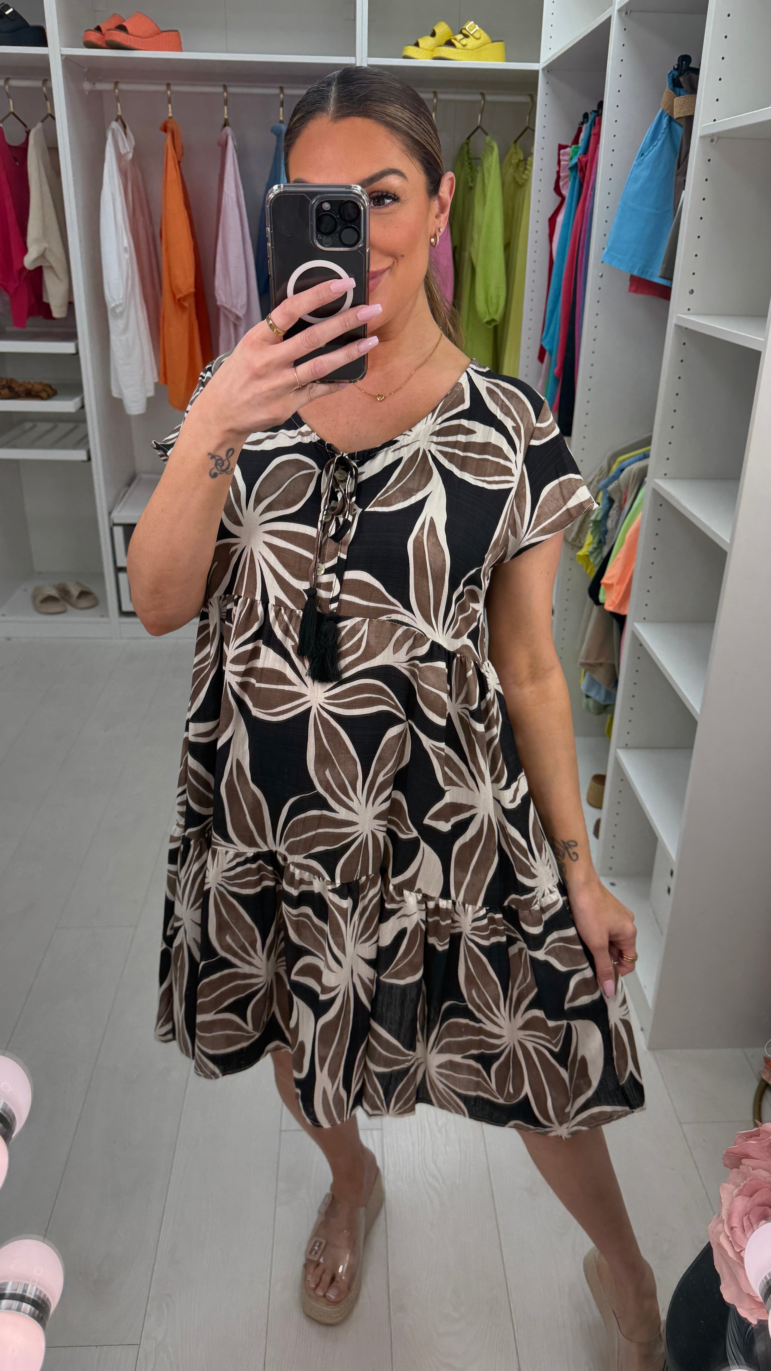 Malayah Flower Print Smock Midi Dress