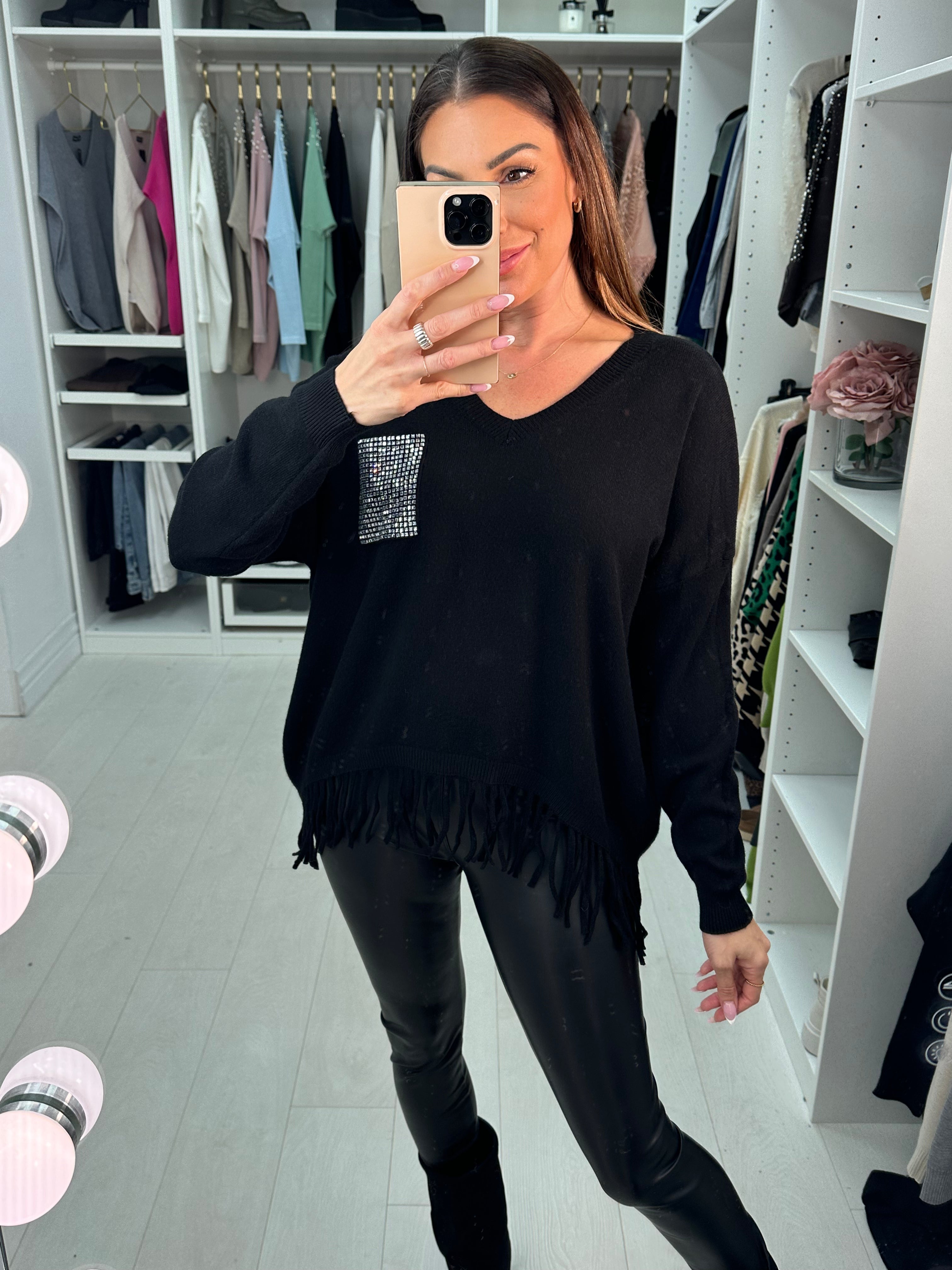Jenny Diamante Pocket Tassel Hem Knit Jumper
