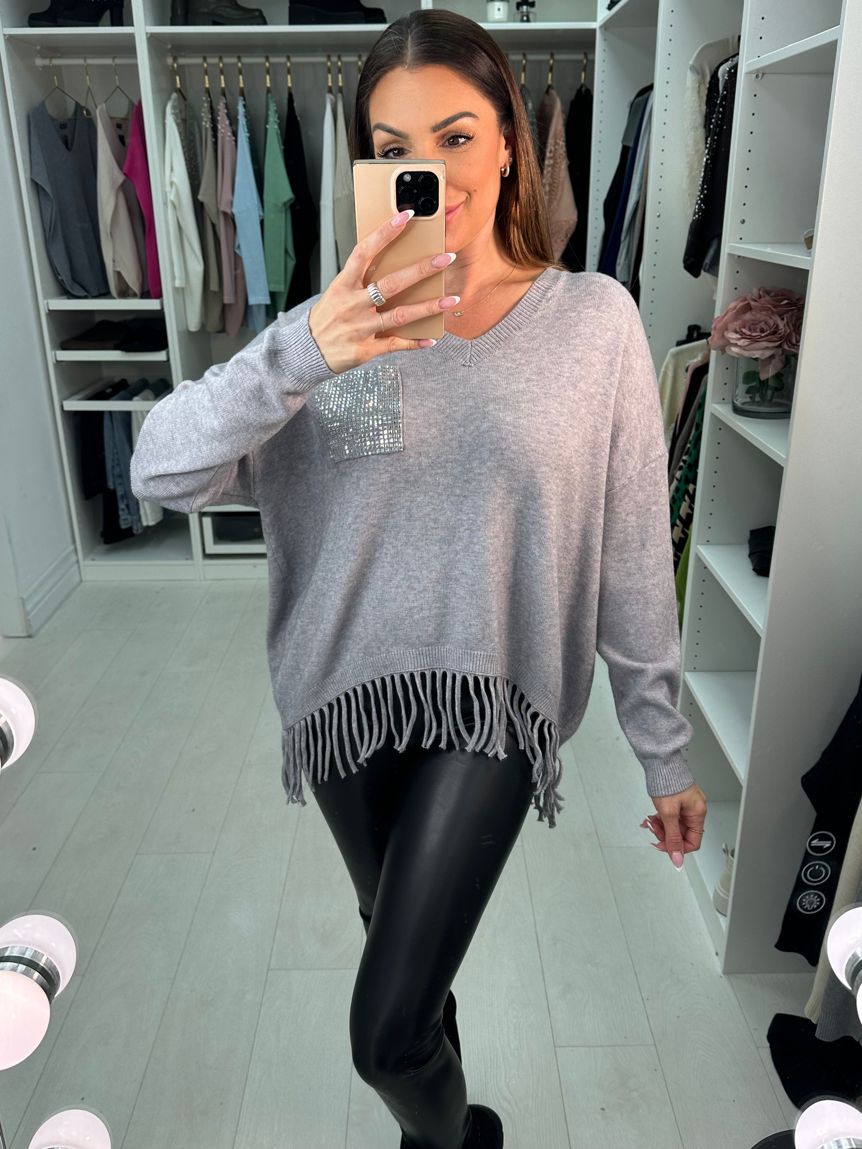 Jenny Diamante Pocket Tassel Hem Knit Jumper