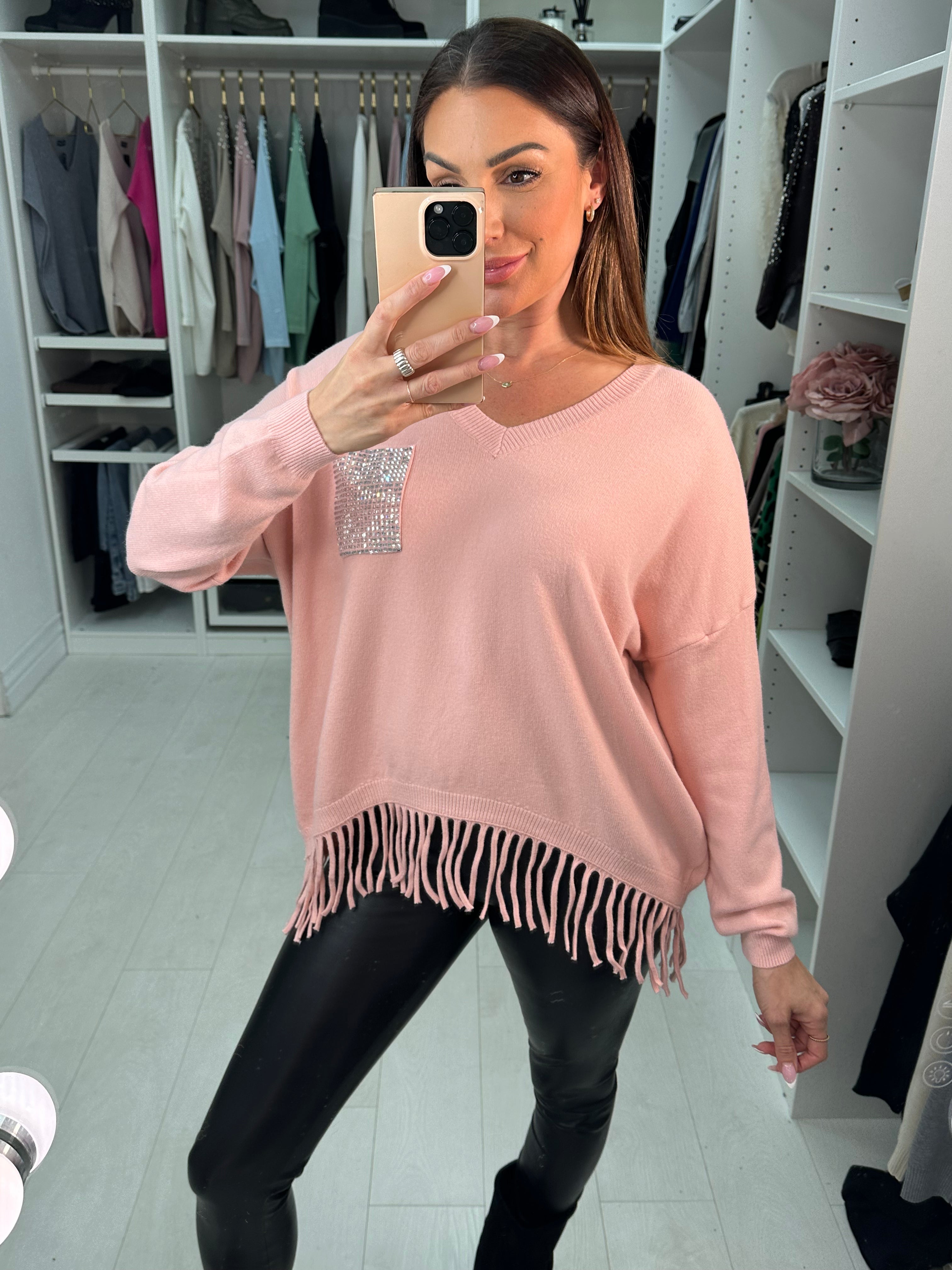 Jenny Diamante Pocket Tassel Hem Knit Jumper