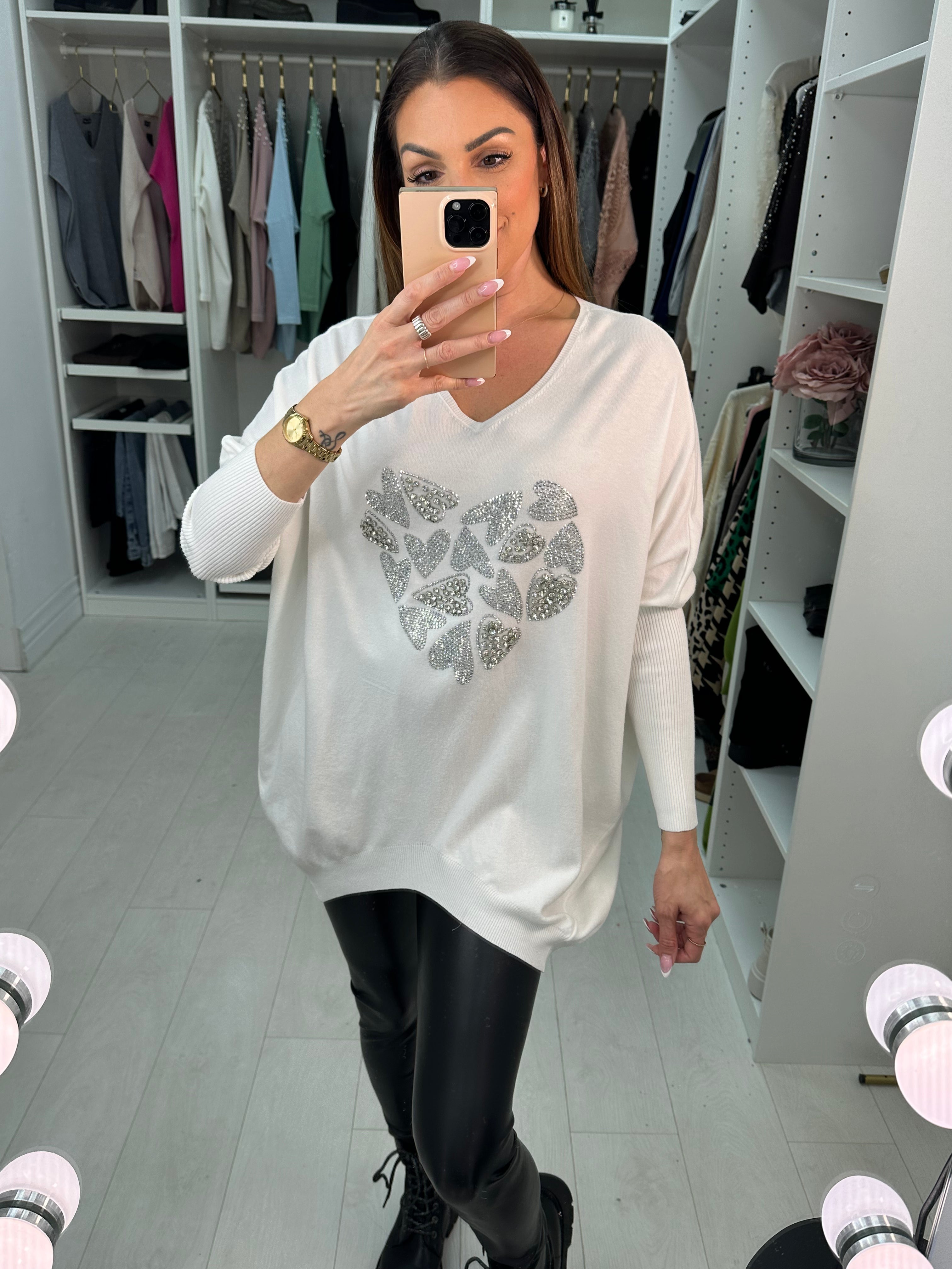 Carys Heart Silver Diamante & Gem V-Neck Jumper