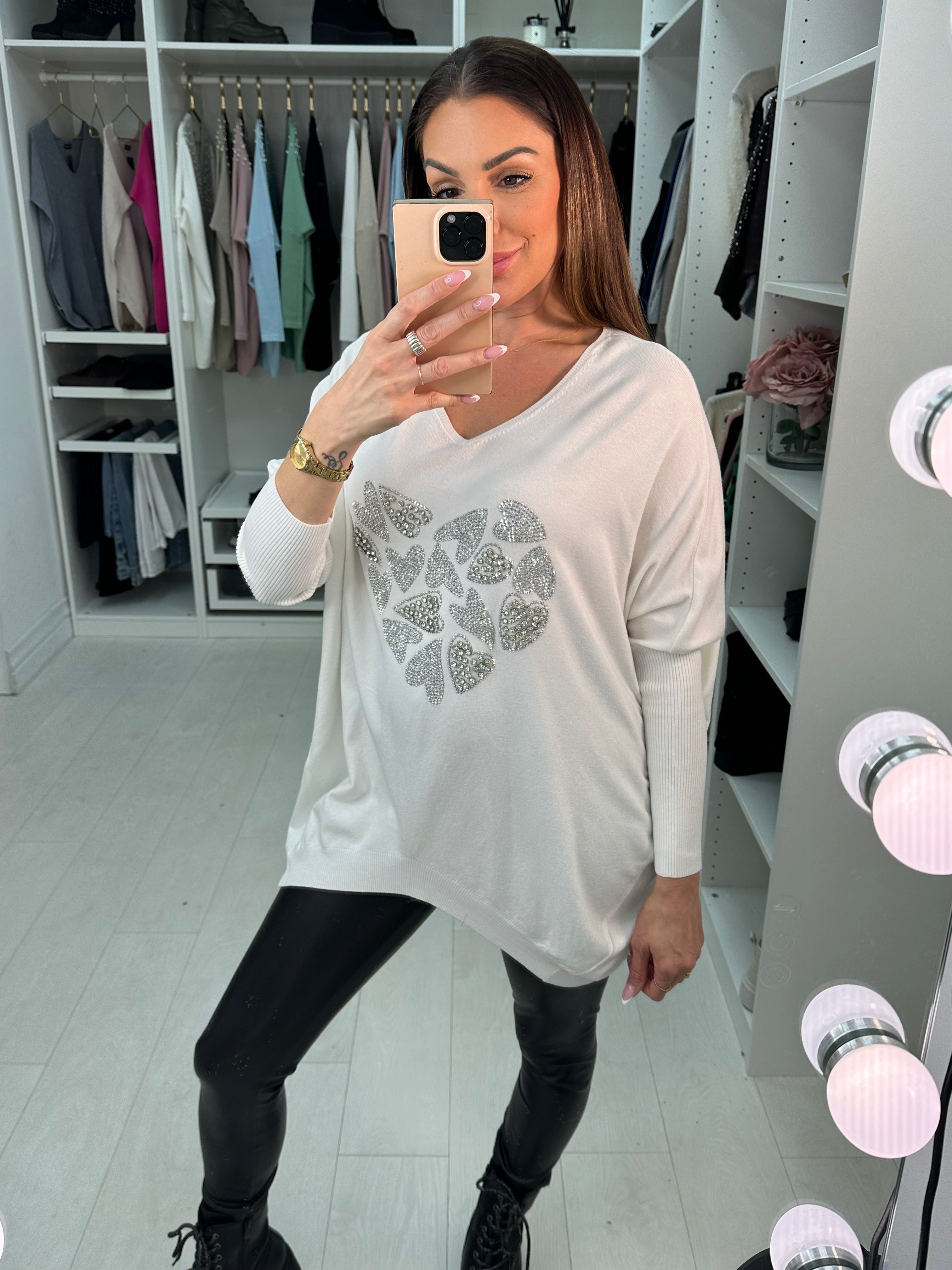 Carys Heart Silver Diamante & Gem V-Neck Jumper