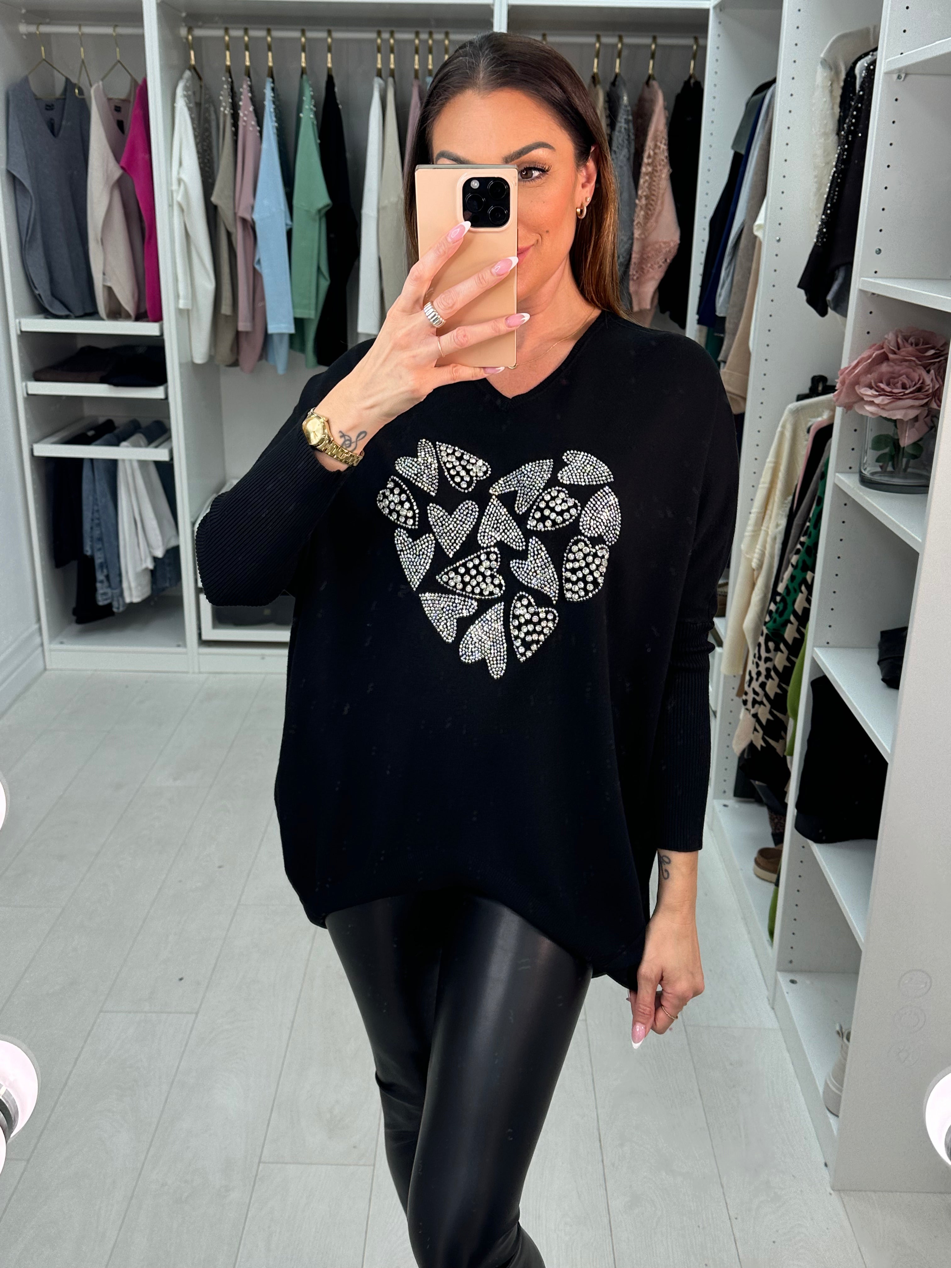 Carys Heart Silver Diamante & Gem V-Neck Jumper