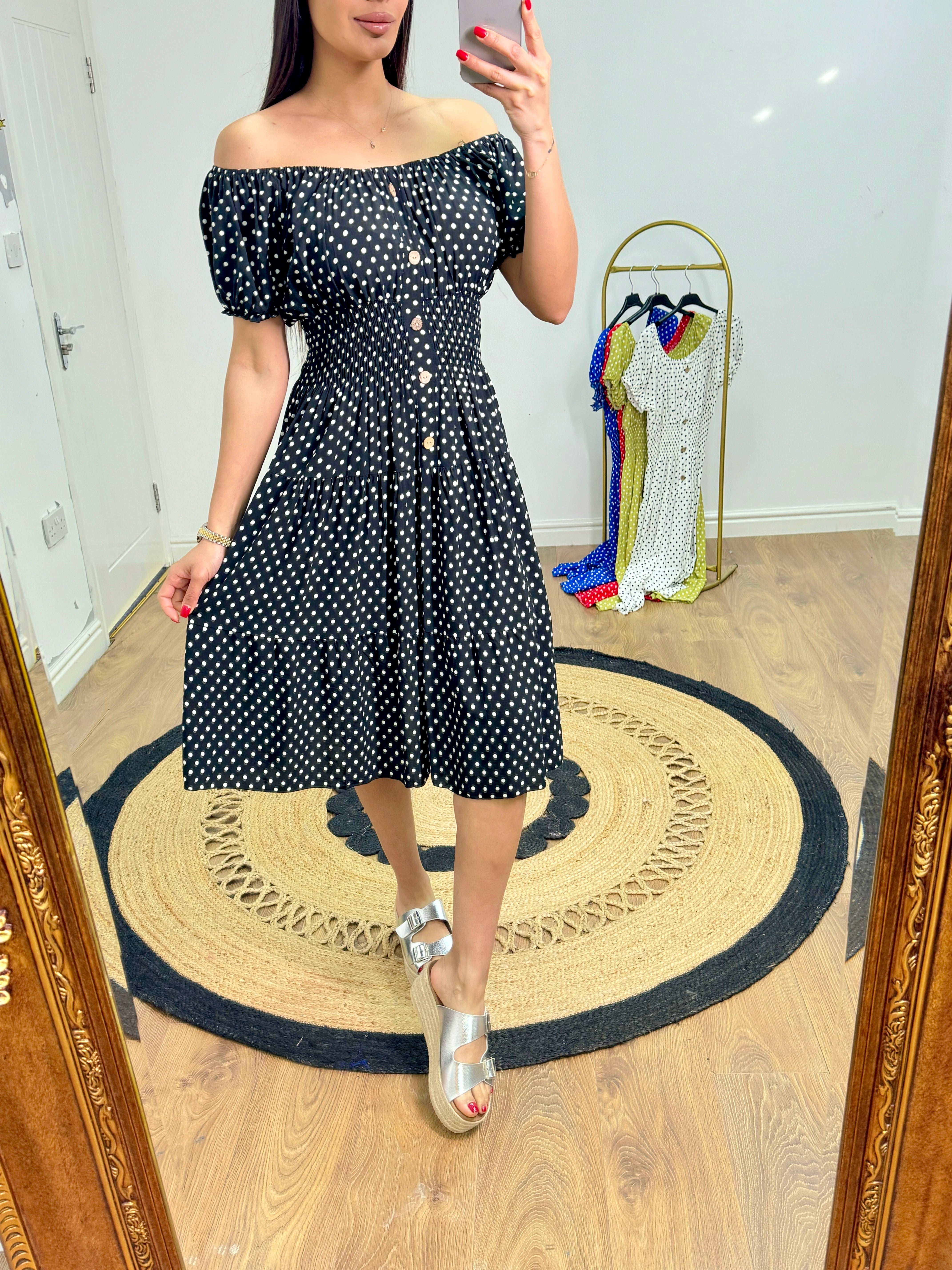 Izlem Polka Dot Print Button Detail Midi Dress